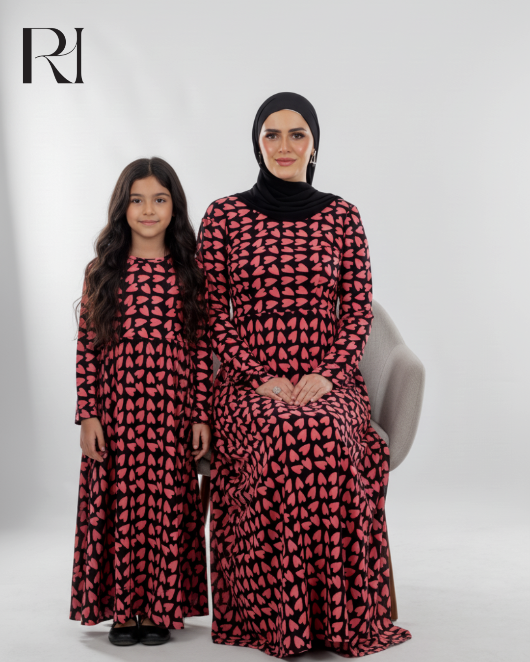 Hasna Heart Print Chiffon Maxi Dress – Black