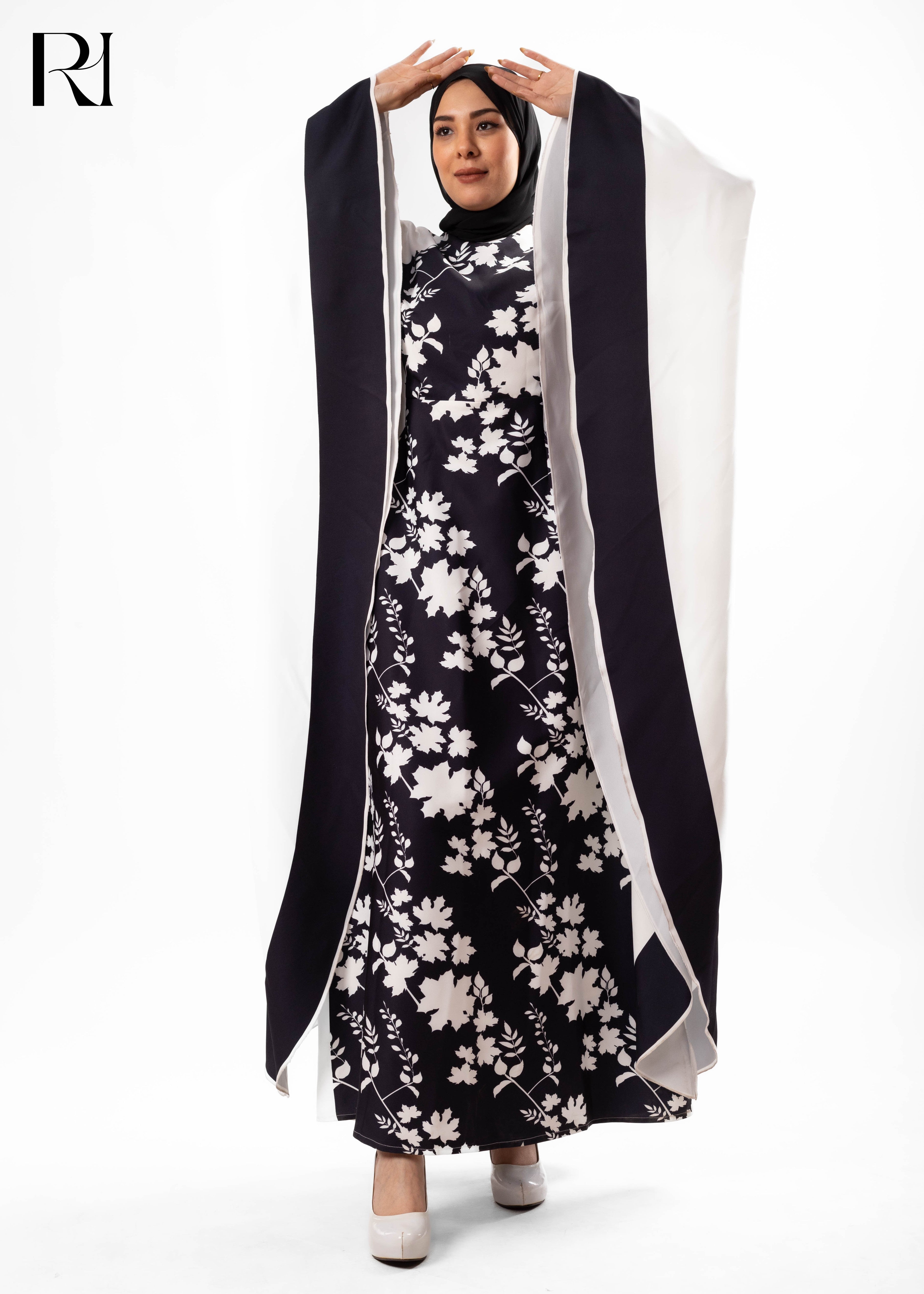 Midnight Ivory Floral Cape Maxi Dress