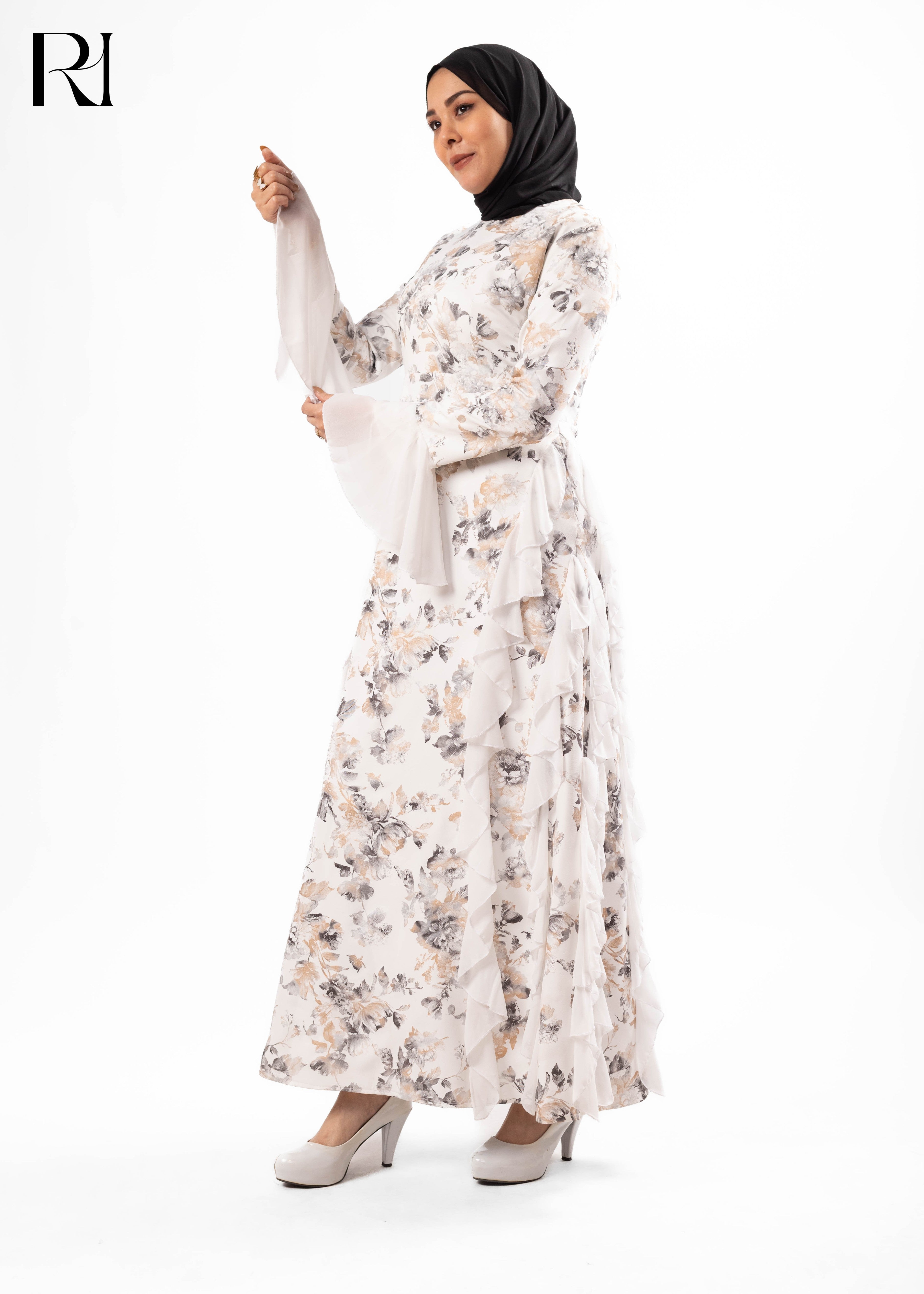 Ivory Floral Ruffle Maxi Dress