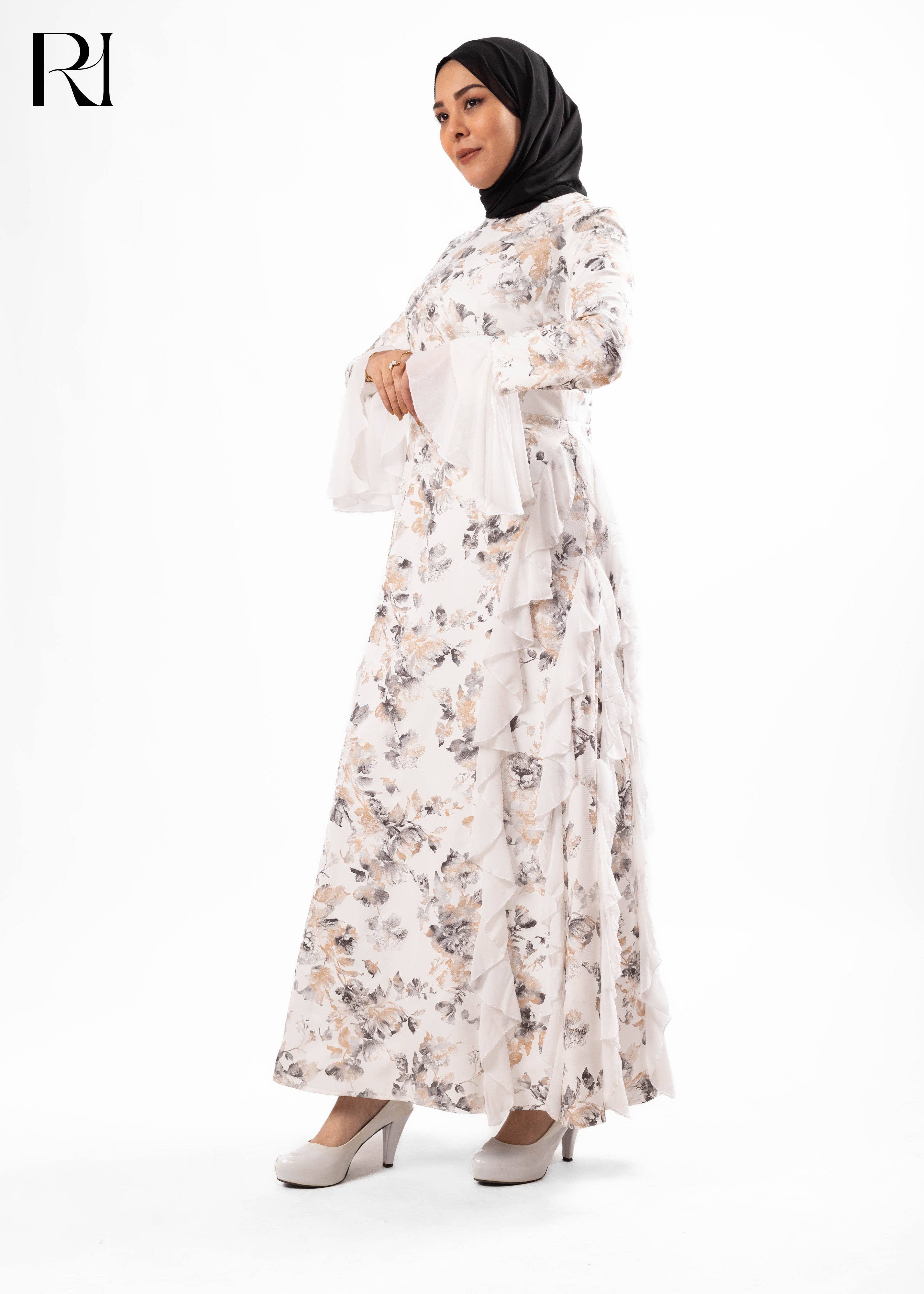 Ivory Floral Ruffle Maxi Dress