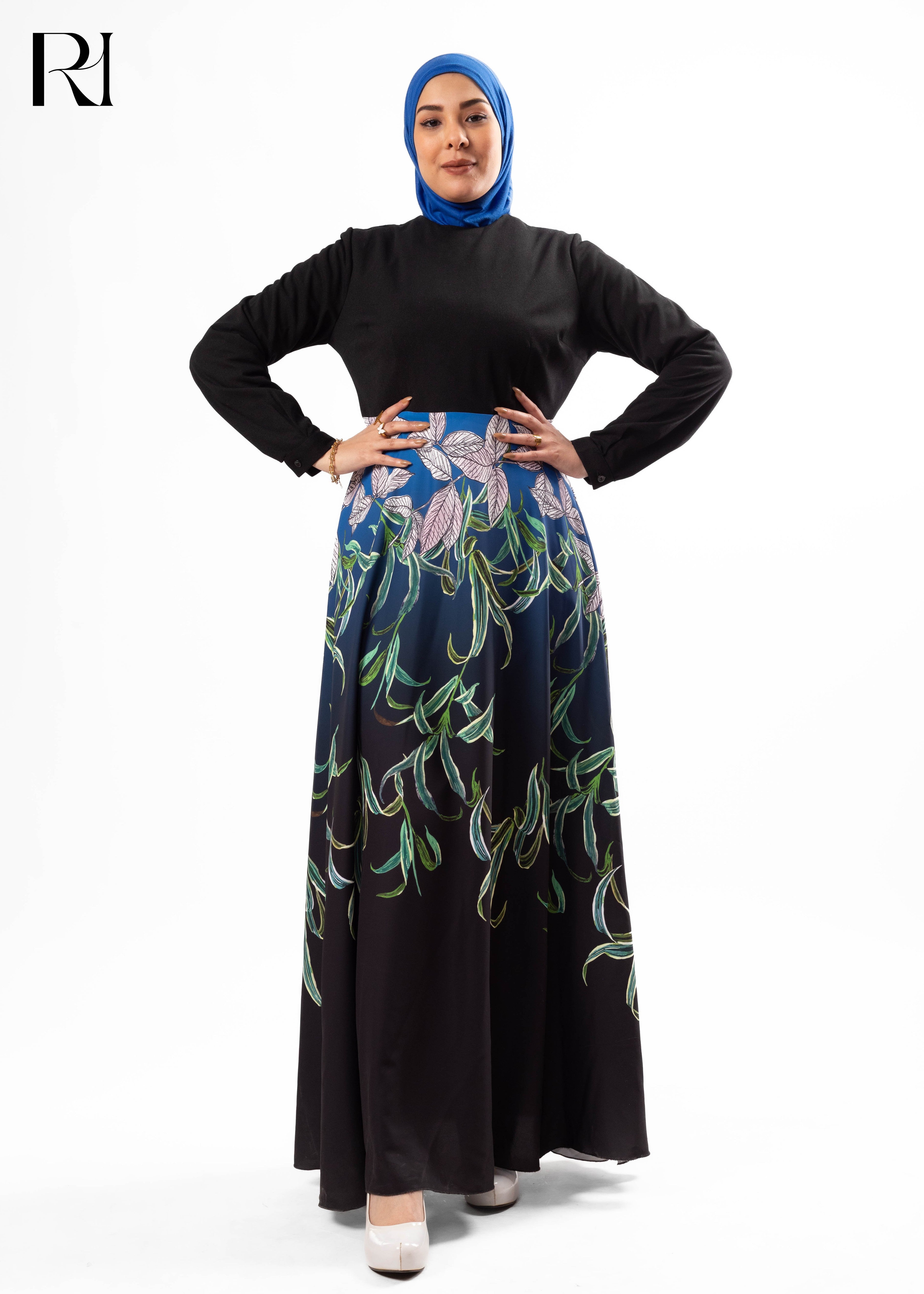 Black & Blue Botanical Maxi Dress
