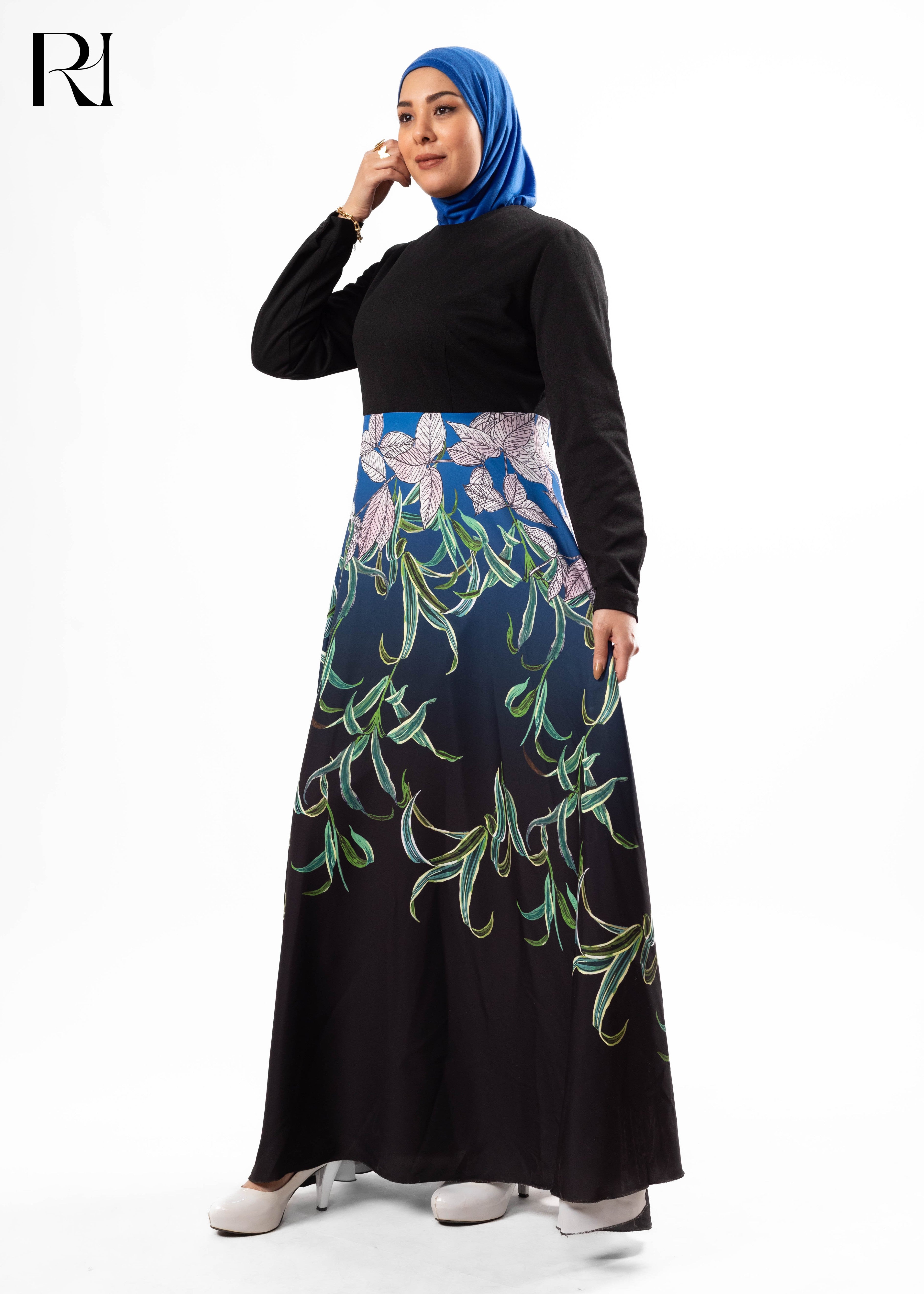 Black & Blue Botanical Maxi Dress