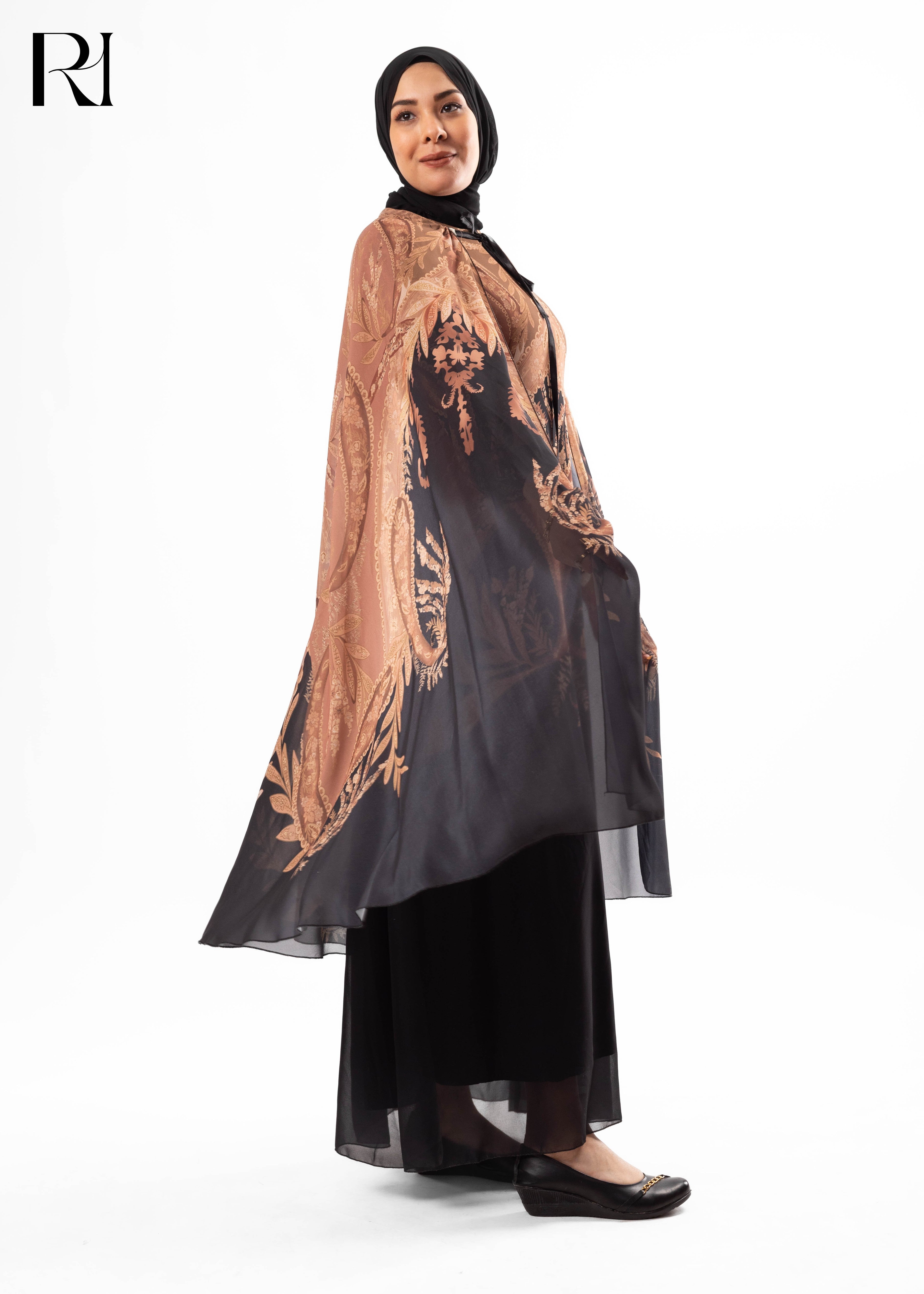 Gold & Black Arabesque Cape-Style Maxi Dress
