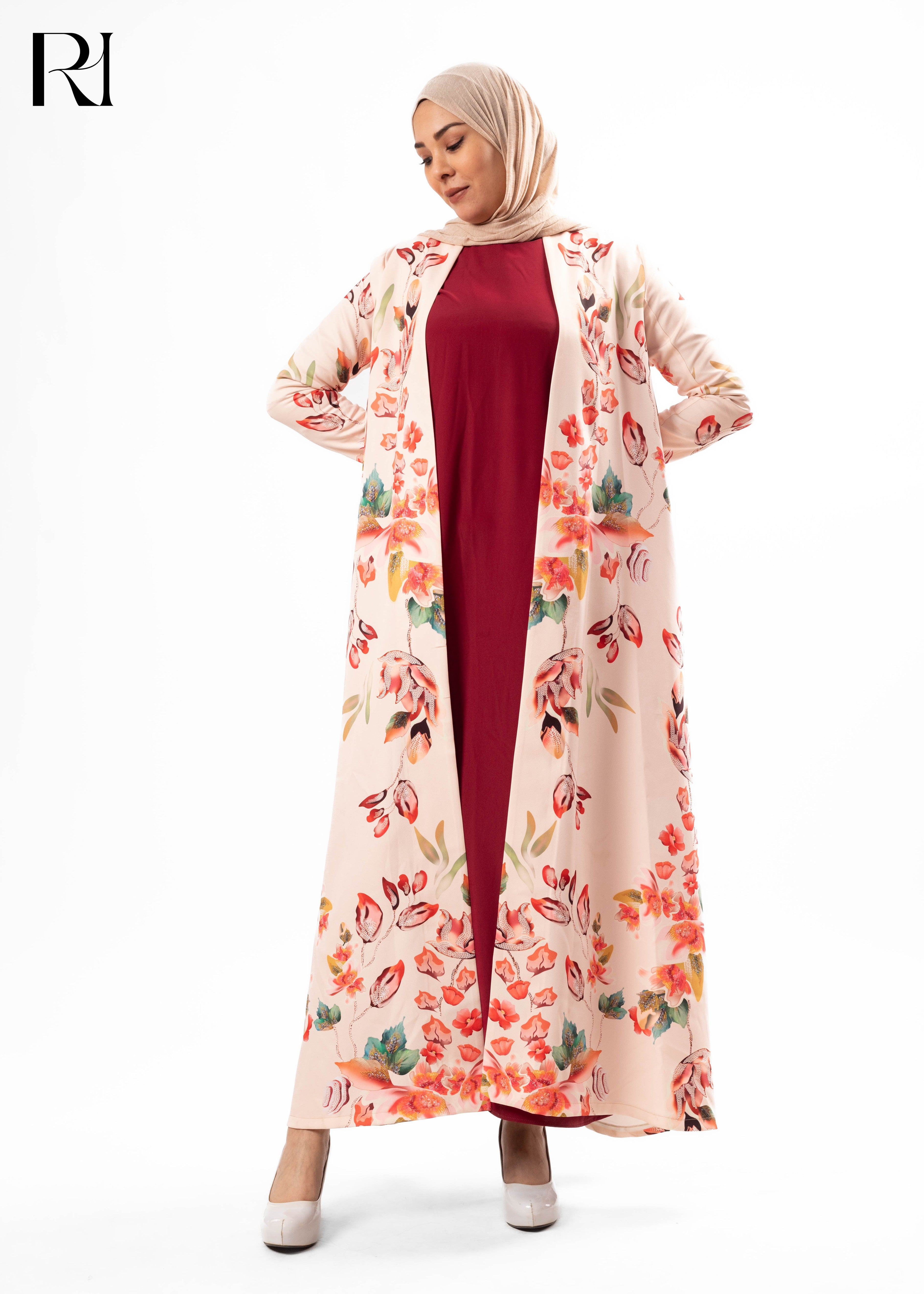 Peach Blossom Floral Open Abaya