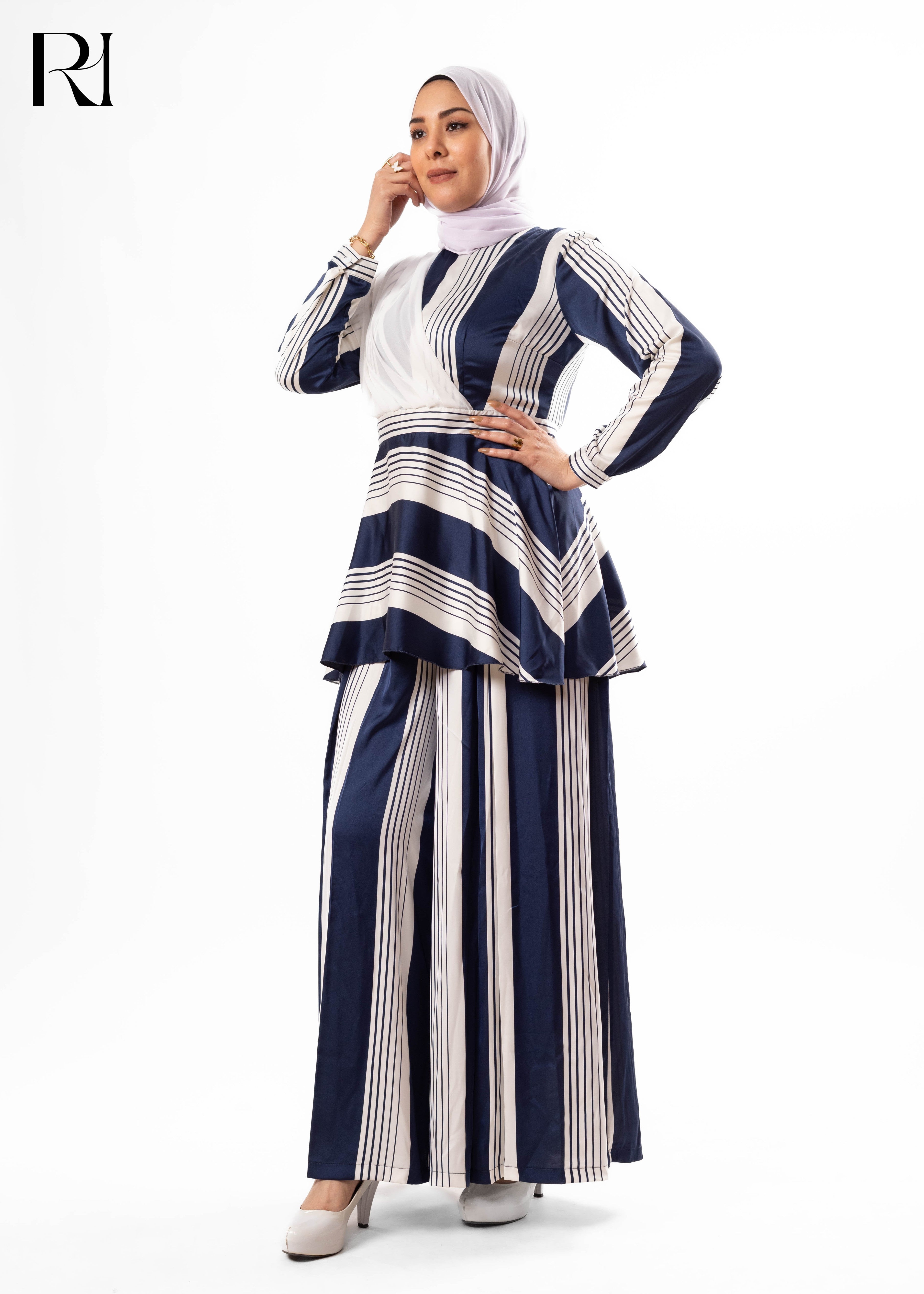 Navy Pearl Modest Striped Two-Piece Set