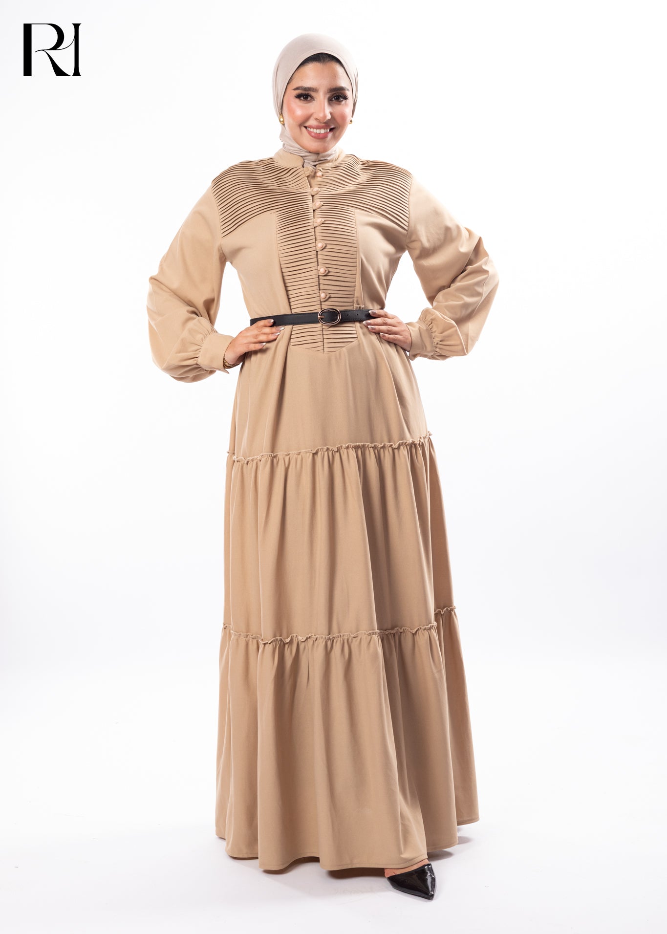 Sand Harmony Pleated Modest Maxi Dress