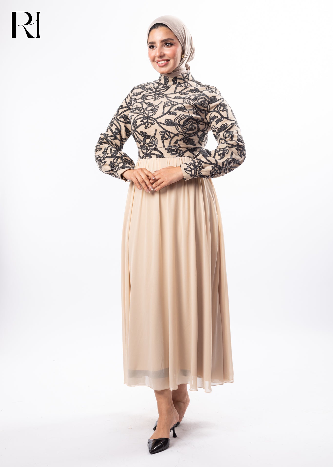 Golden Bloom Embroidered Elegance Maxi Dress