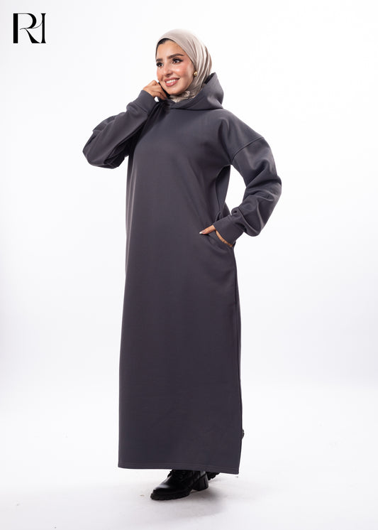 Charcoal Ease Modest Hoodie Maxi Dress