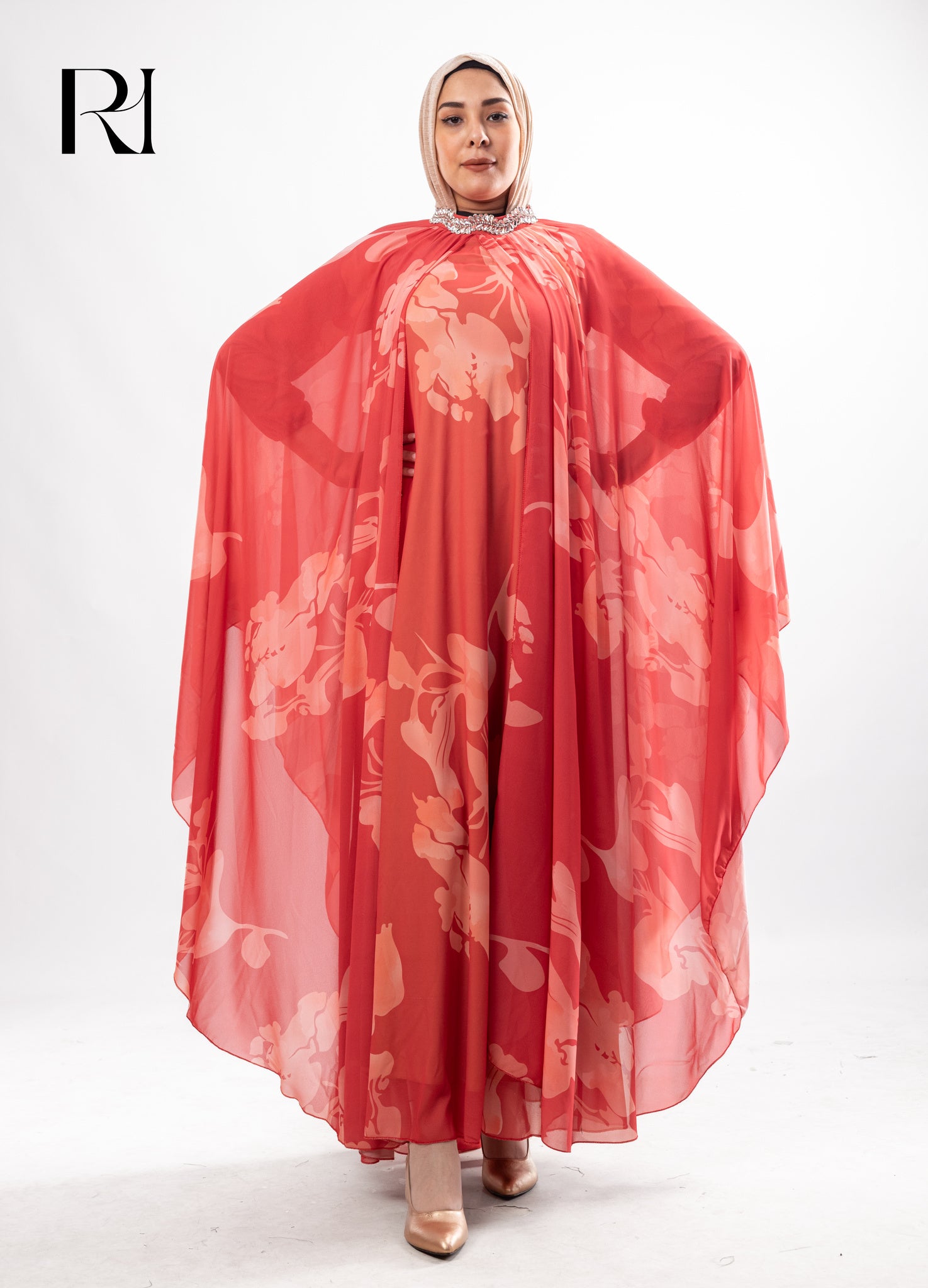 Lina Chiffon Cape Maxi Dress – Coral Floral