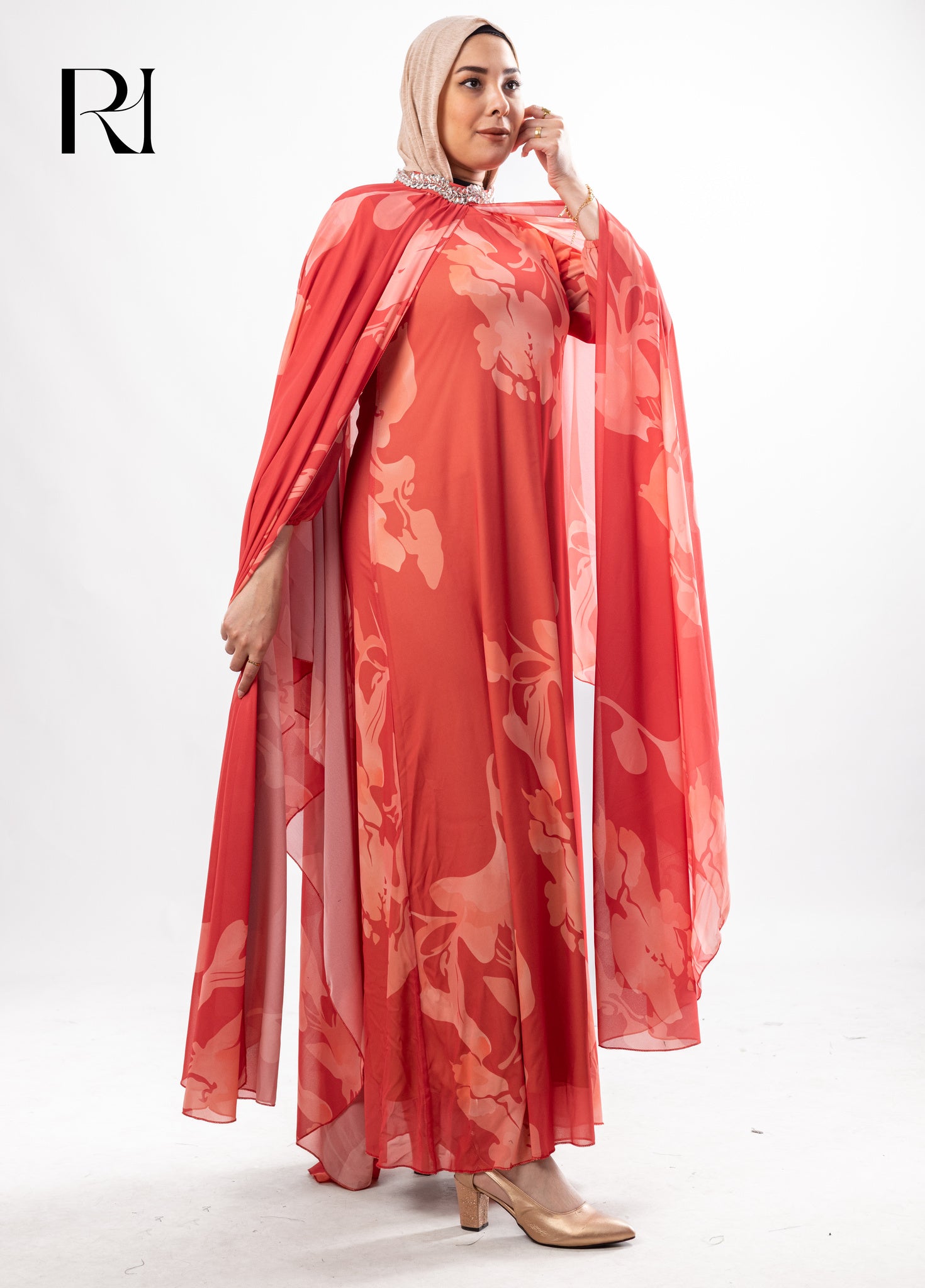 Lina Chiffon Cape Maxi Dress – Coral Floral