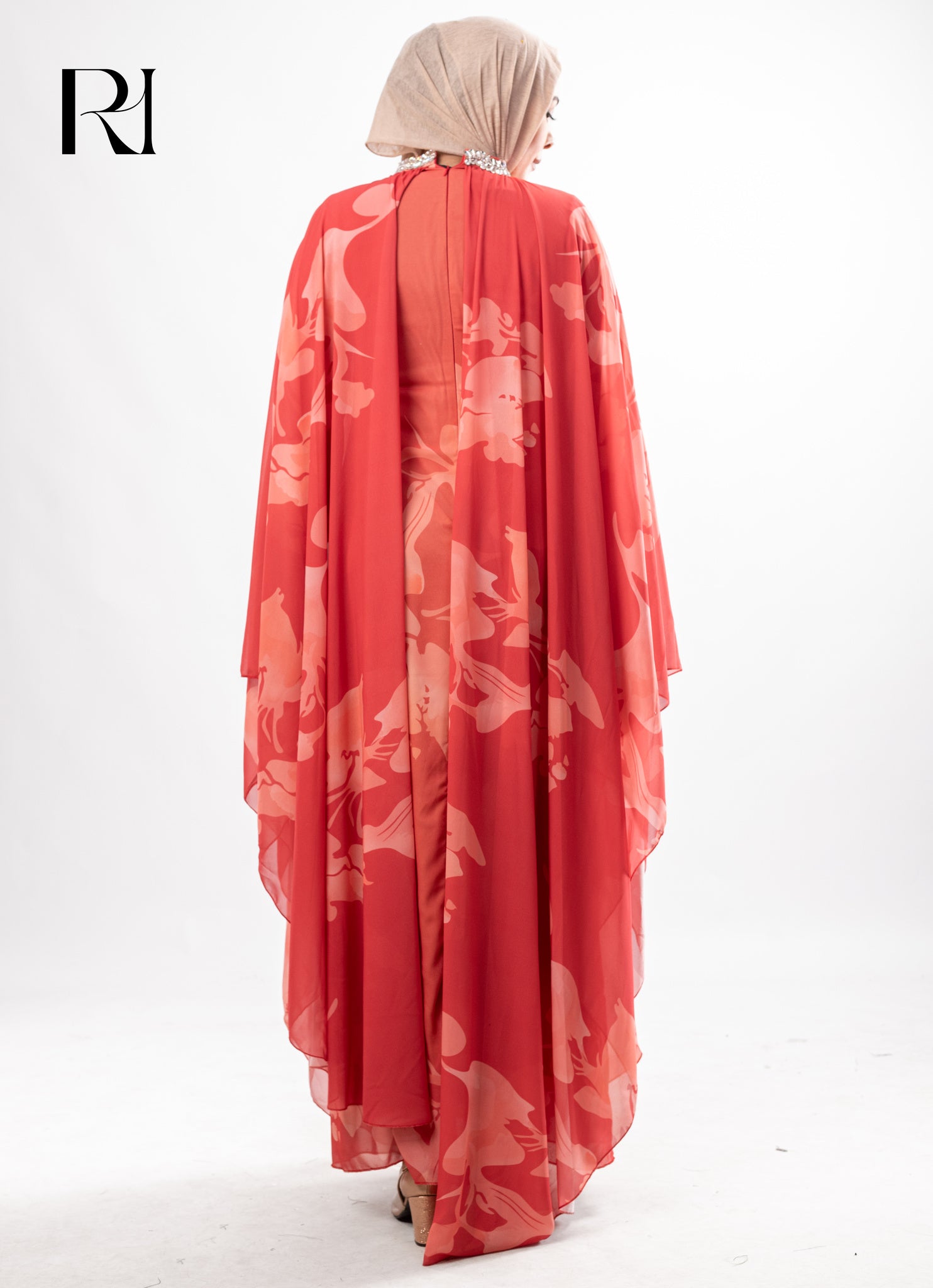 Lina Chiffon Cape Maxi Dress – Coral Floral