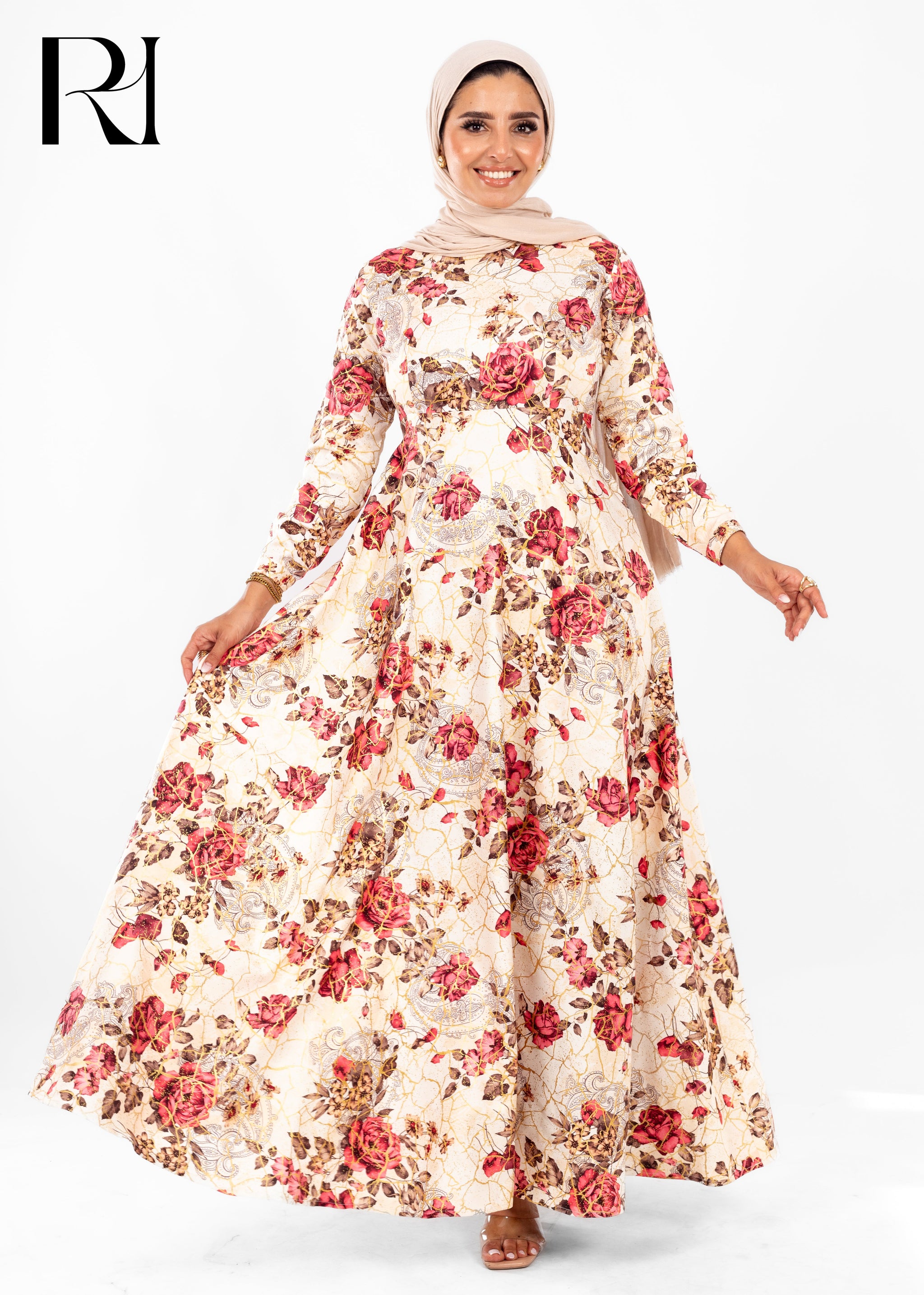 aiza cream floral print maxi dress Samar Rose Soft Crepe Maxi Dress