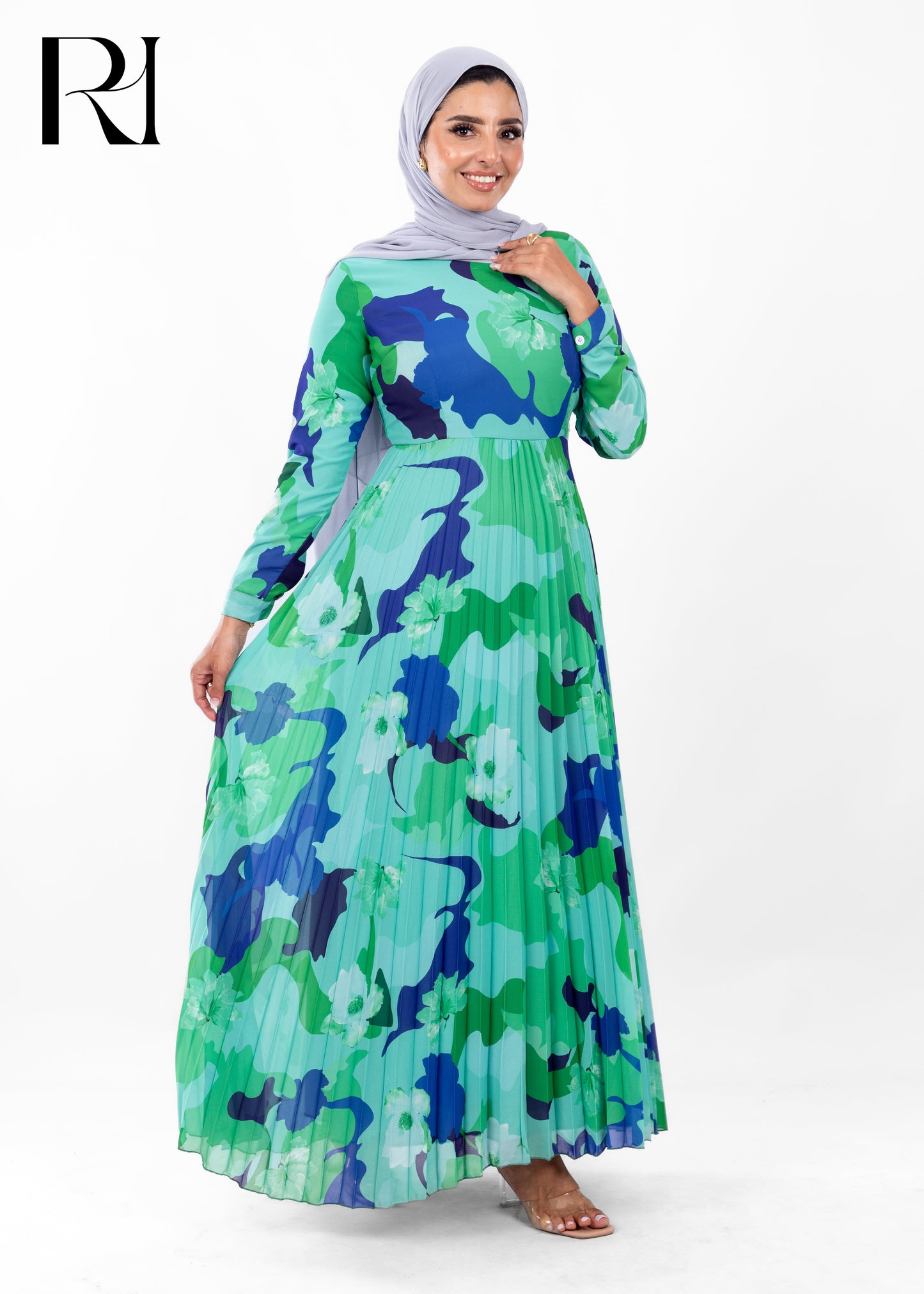 Ocean Breeze Abstract Pleated Modest Maxi Dress