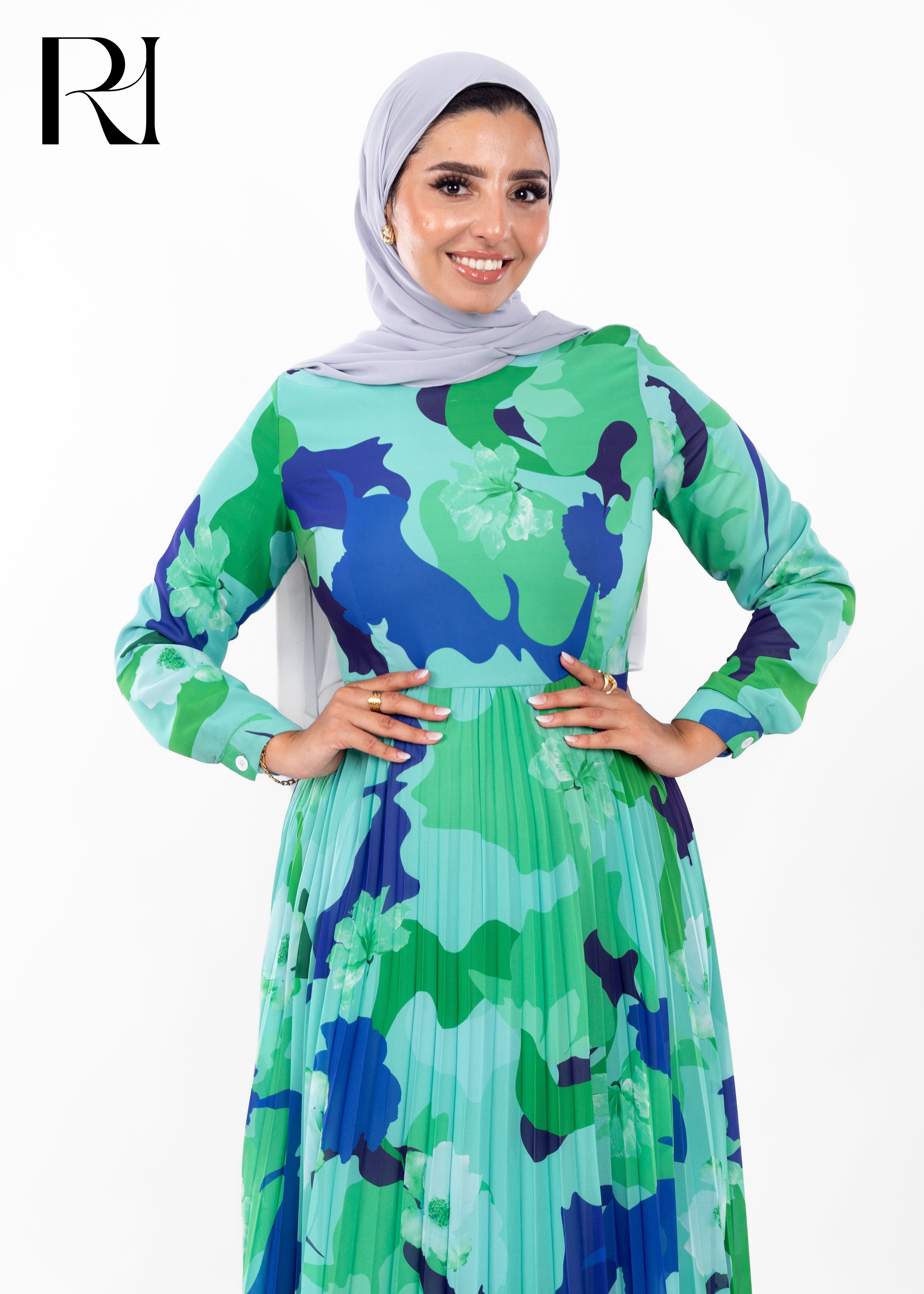 Ocean Breeze Abstract Pleated Modest Maxi Dress