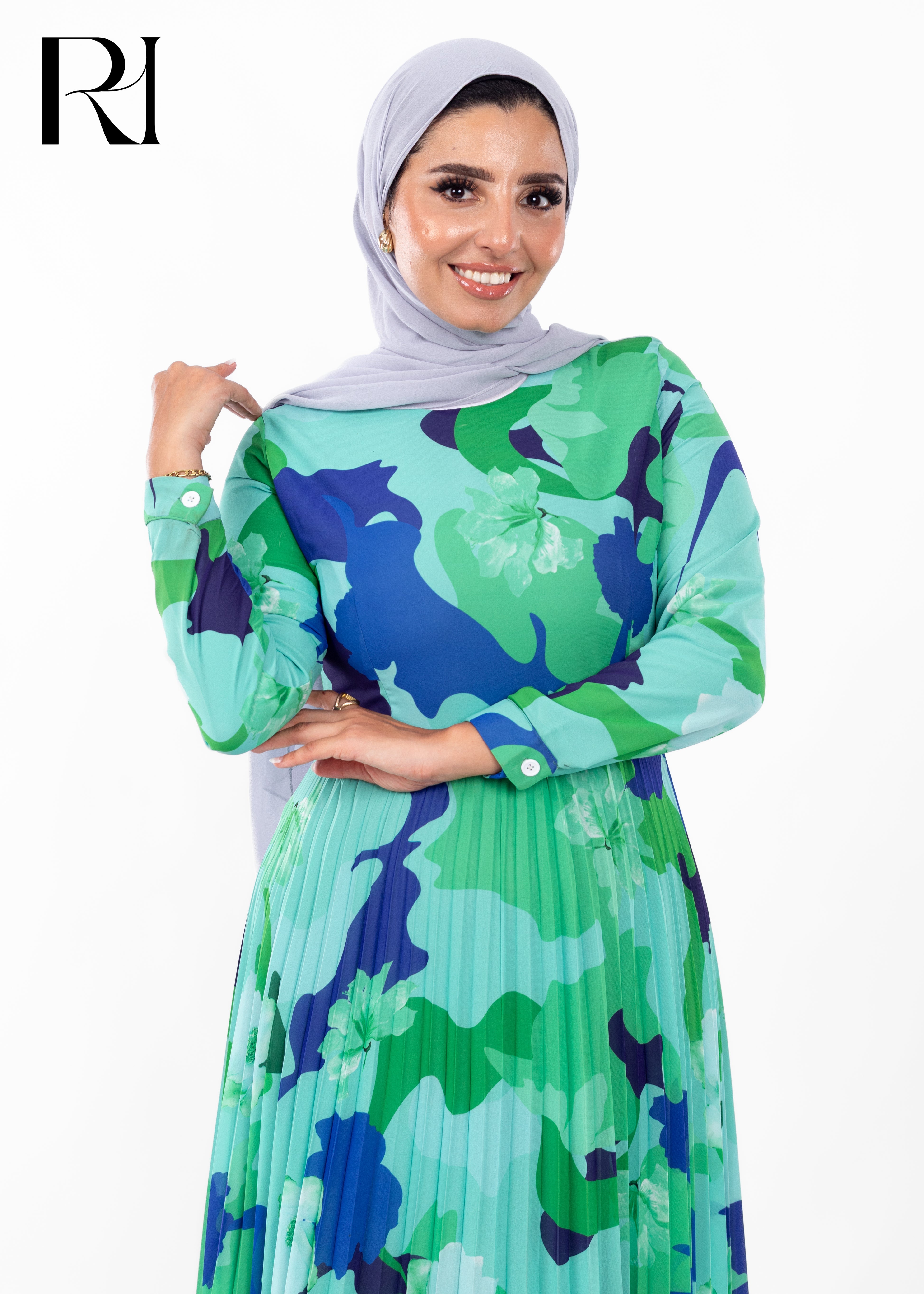 Ocean Breeze Abstract Pleated Modest Maxi Dress