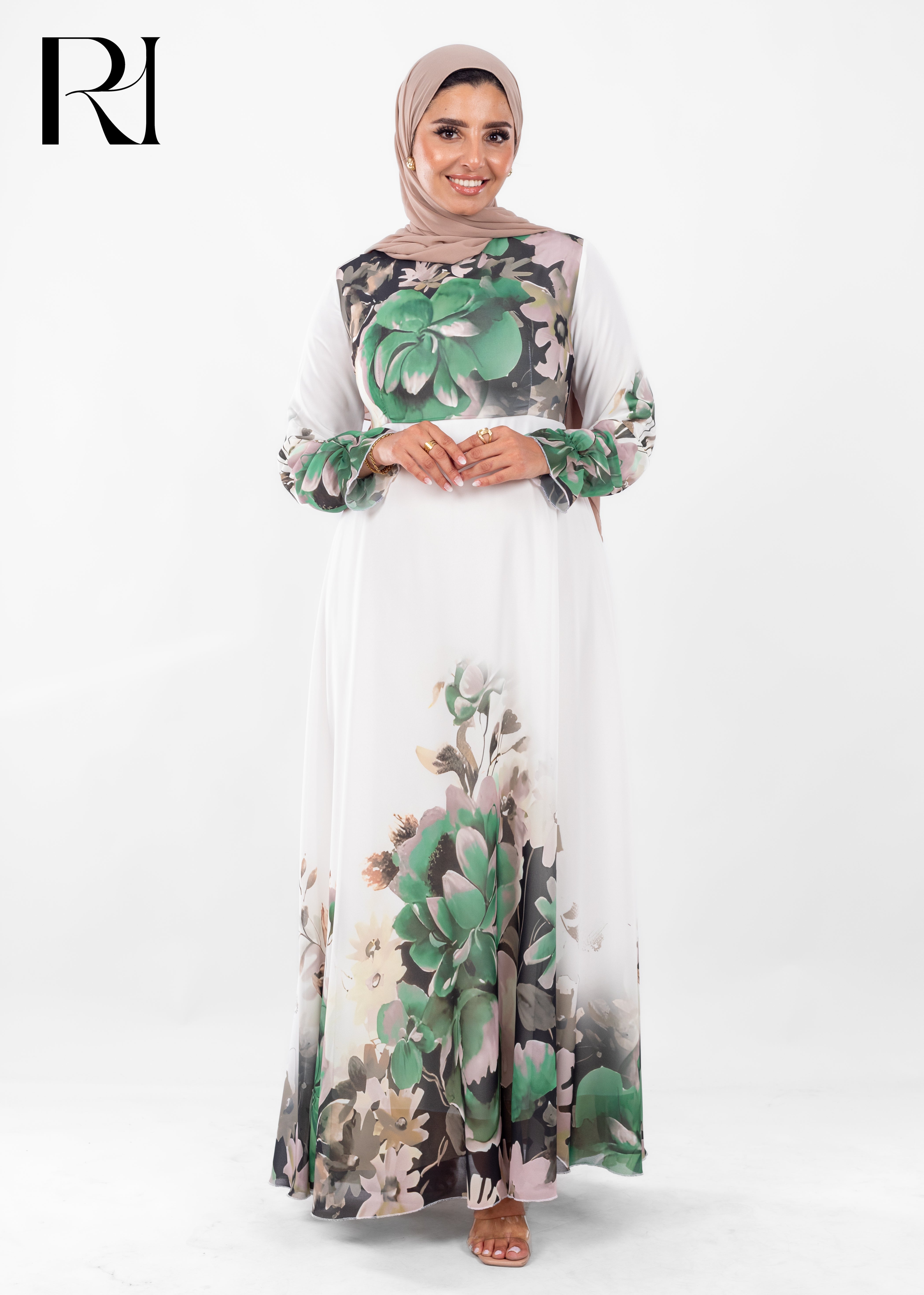 Green Floral Chiffon Modest Maxi Dress