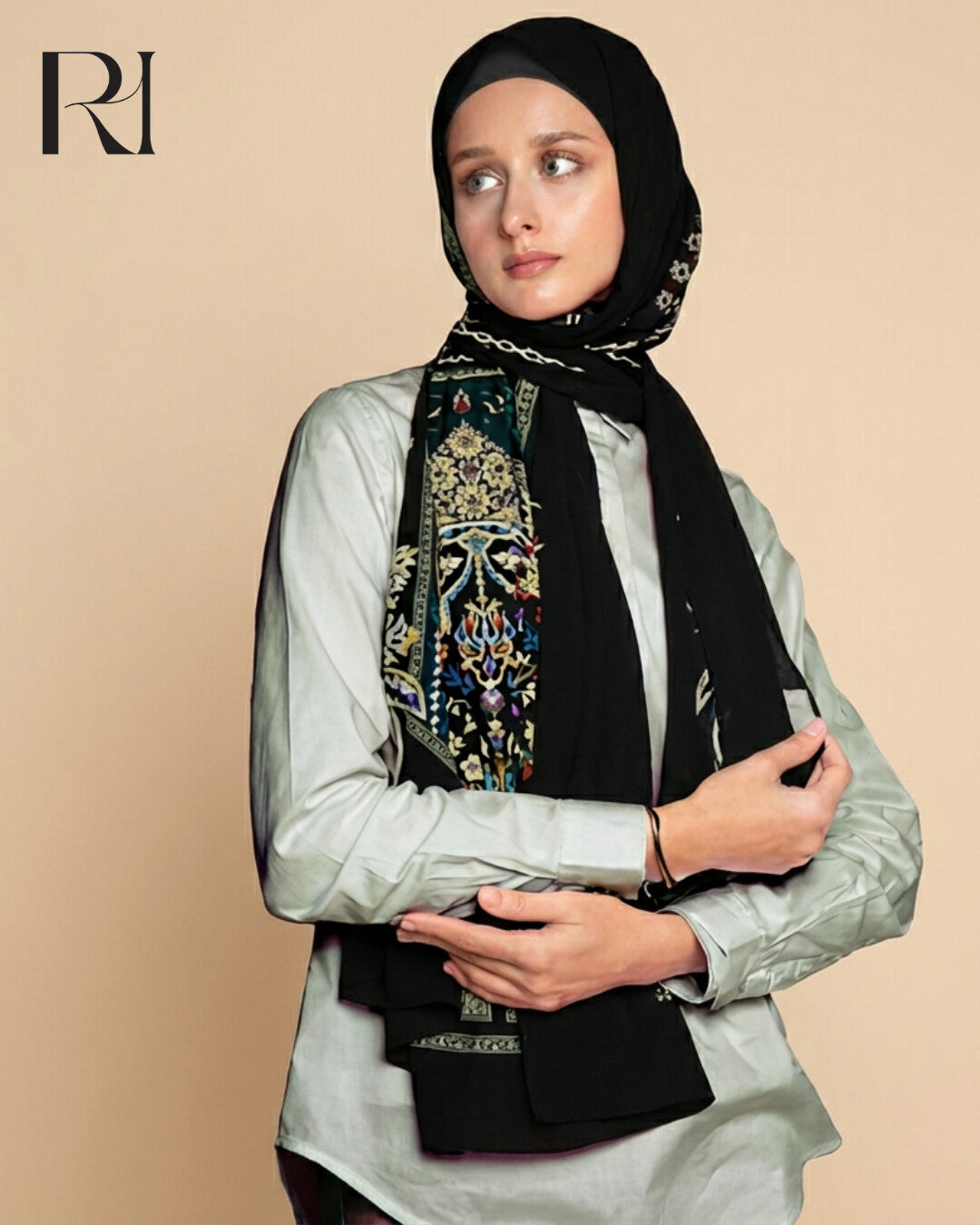 Elegant Black Chiffon Hijab with Intricate Ornamental Print