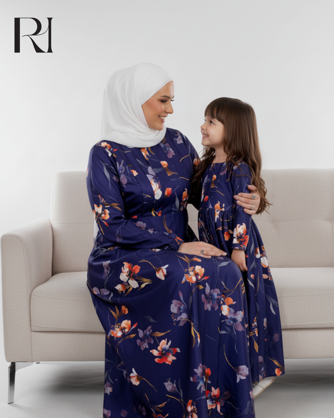Lamees Floral Satin Touch Maxi Dress – Navy