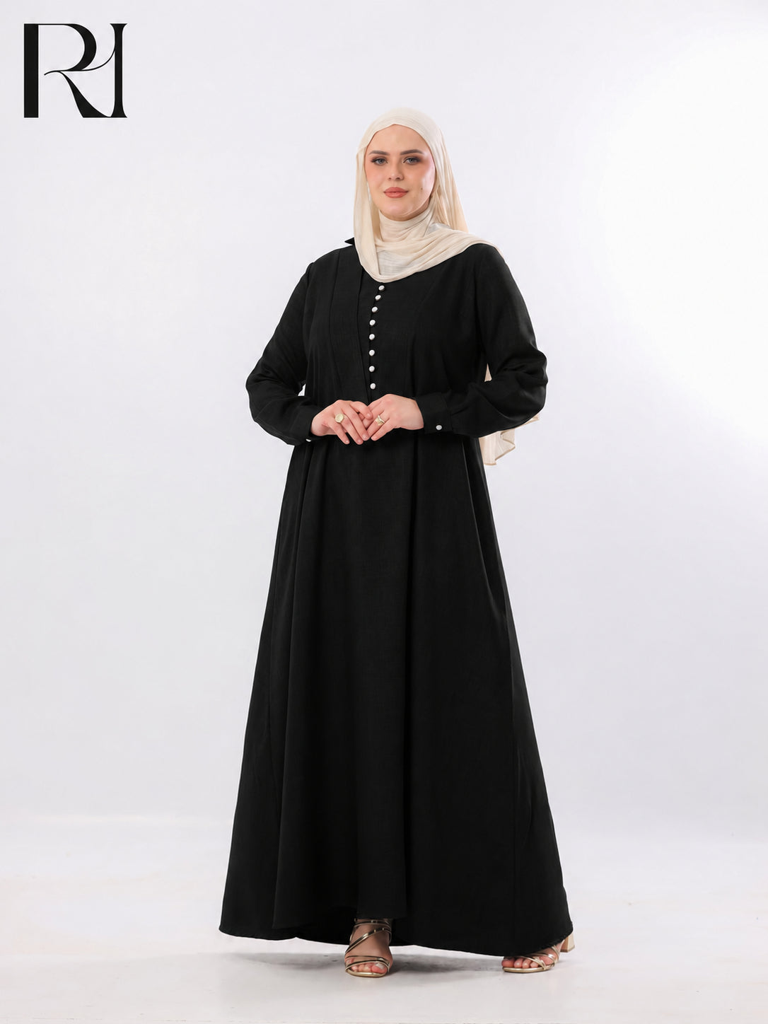 Rania Pearl Button Linen-Blend Maxi Dress – Black