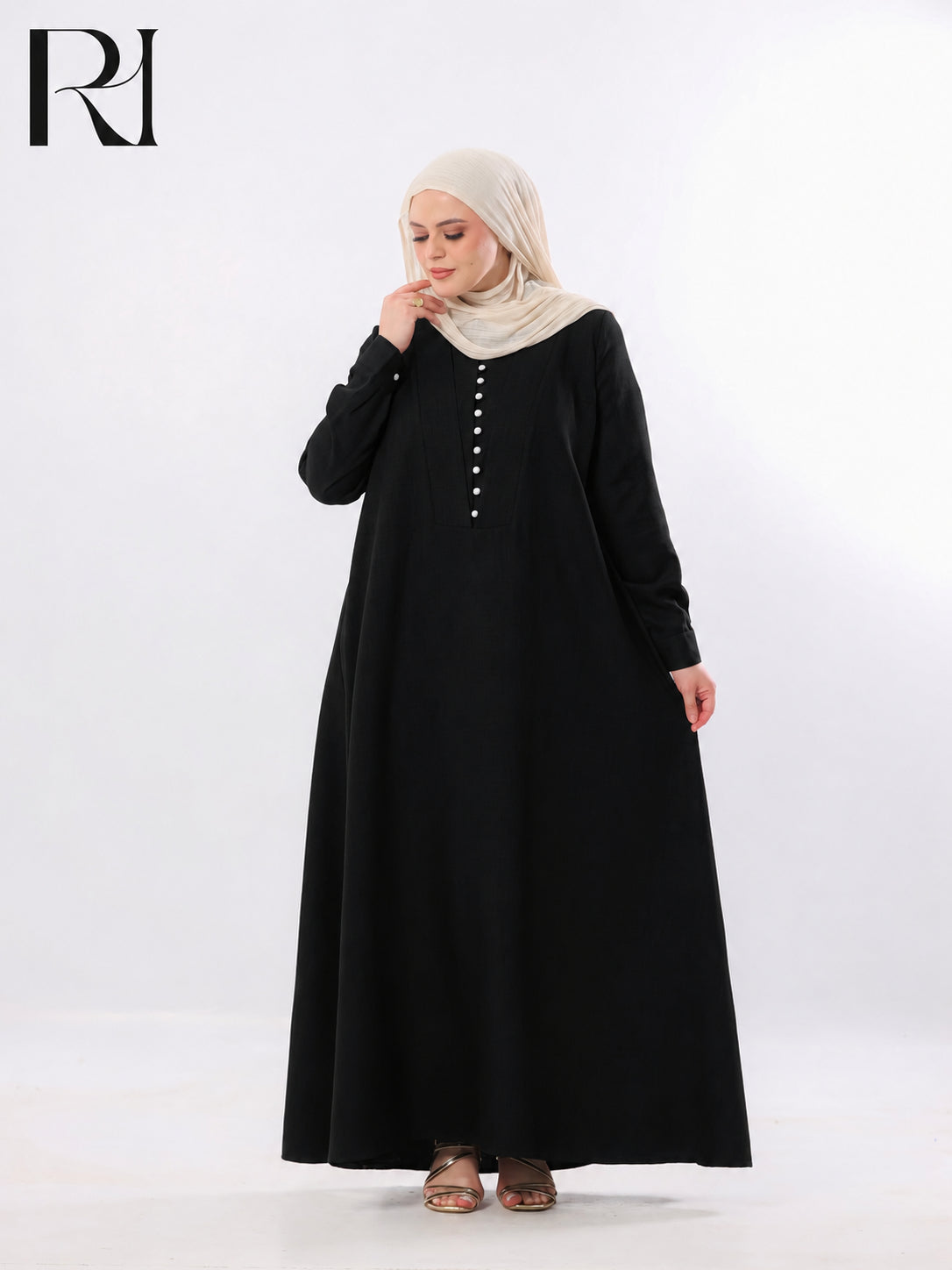 Rania Pearl Button Linen-Blend Maxi Dress – Black