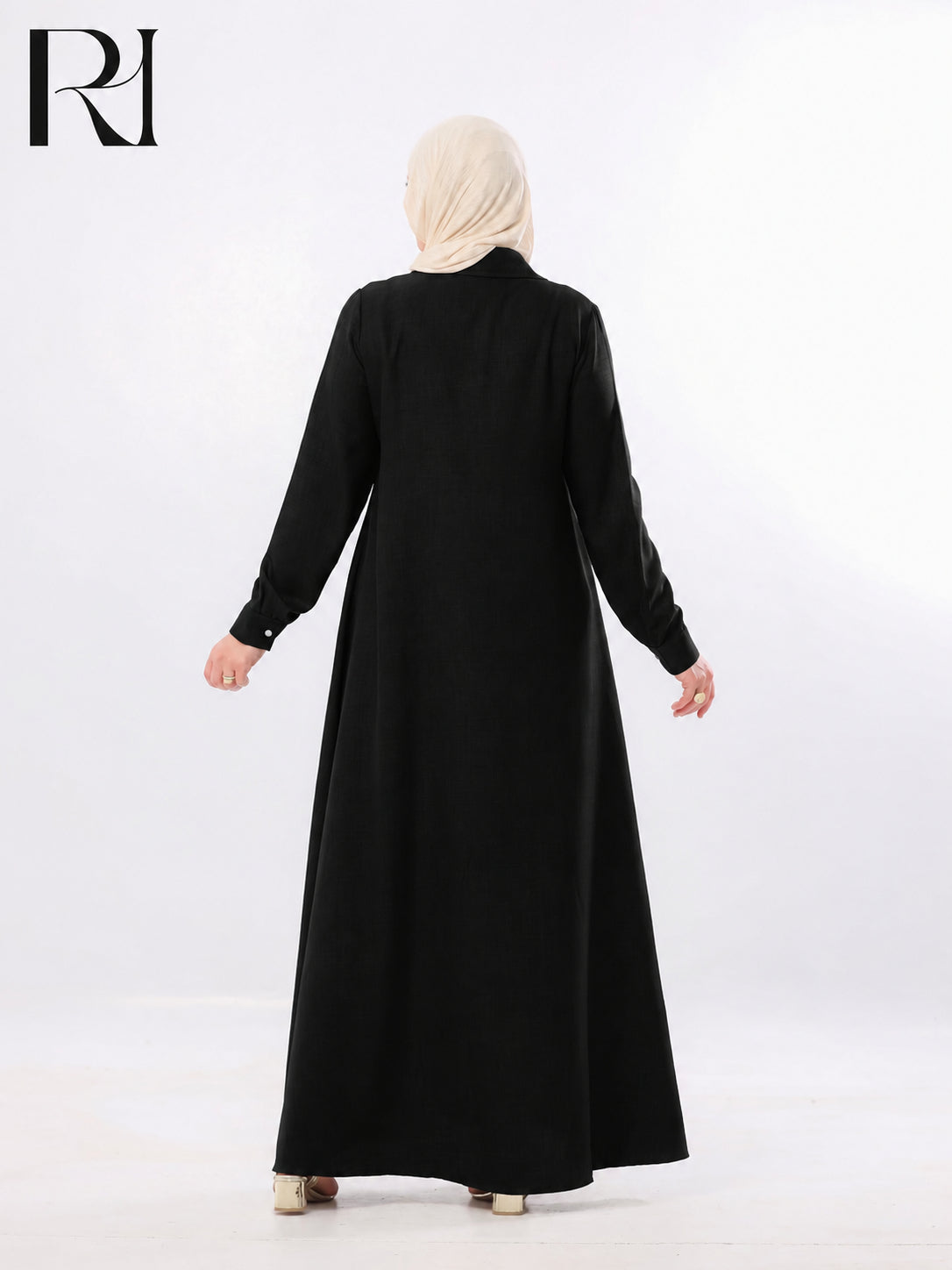 Rania Pearl Button Linen-Blend Maxi Dress – Black