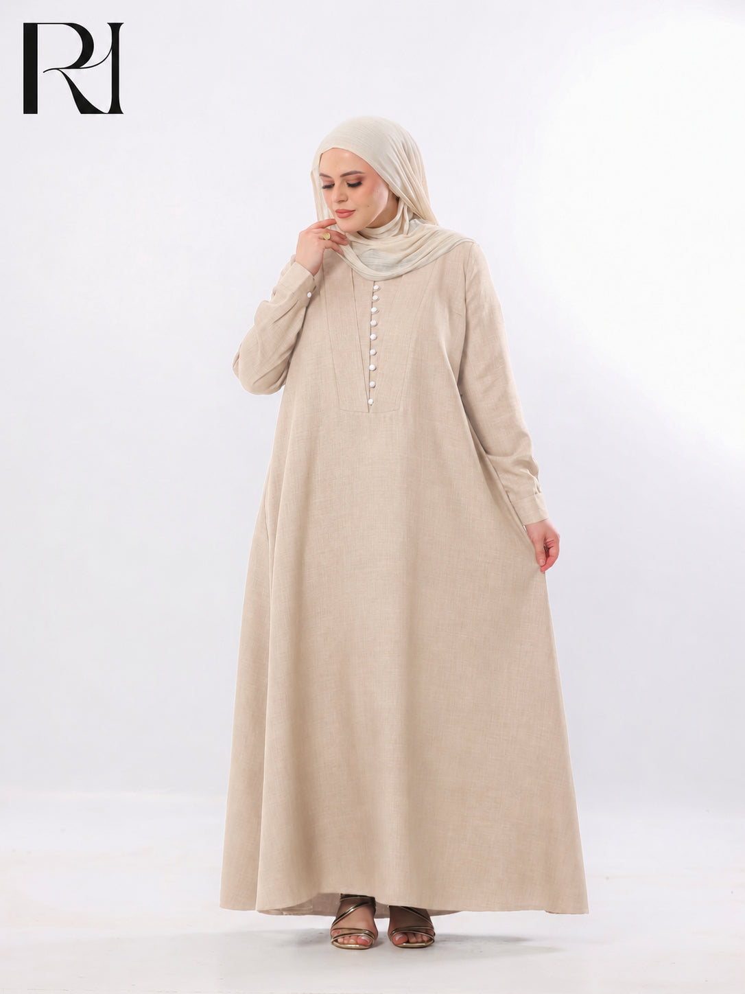 Rania Pearl Button Linen-Blend Maxi Dress – Beige