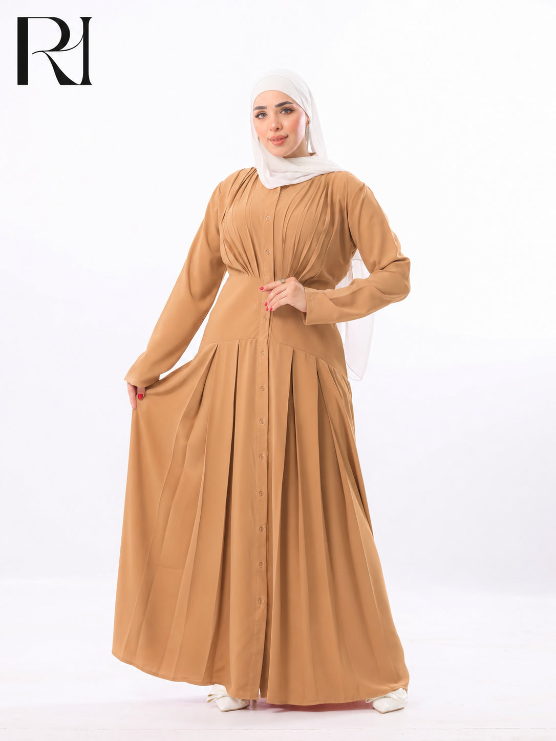 Mariam Lightweight Silky Pleated Maxi Dress – Caramel