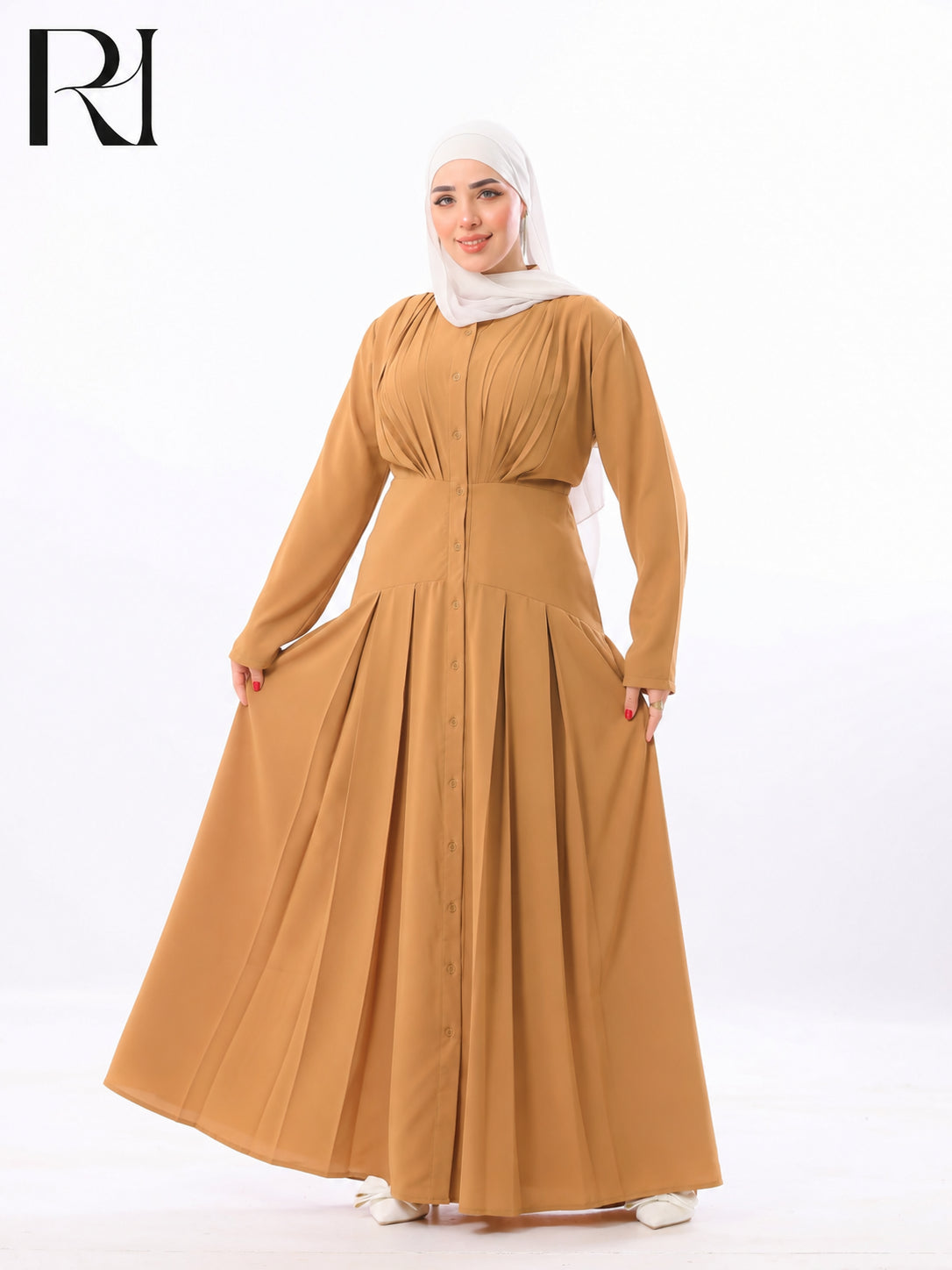 Mariam Lightweight Silky Pleated Maxi Dress – Caramel