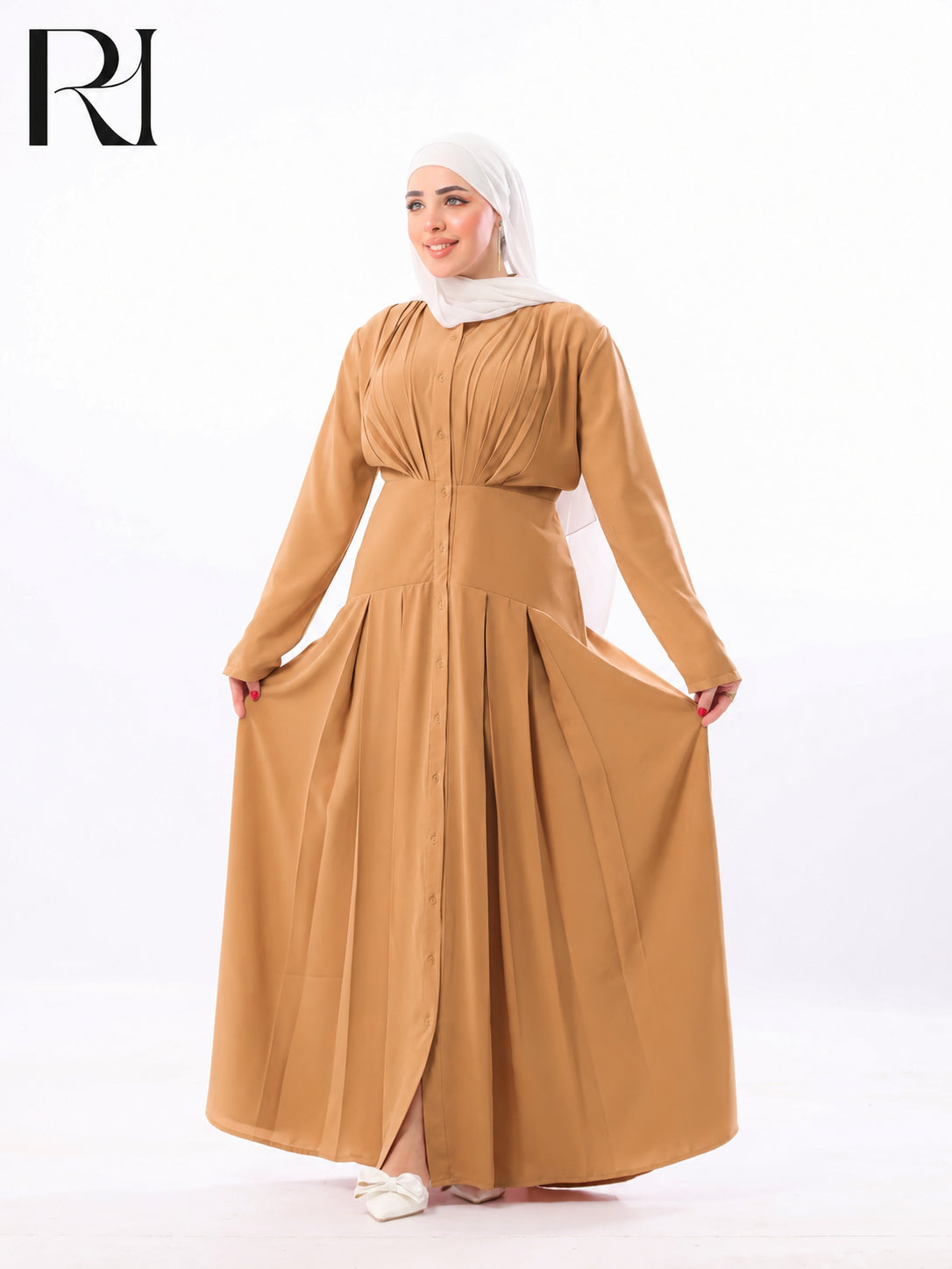 Mariam Lightweight Silky Pleated Maxi Dress – Caramel