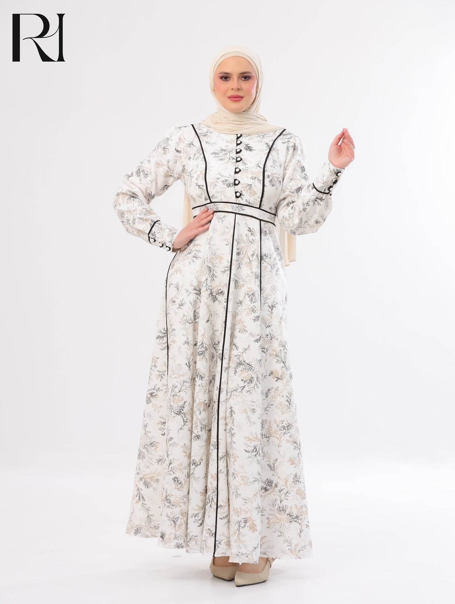 Raneem Botanical Soft Crepe Maxi Dress – Ivory