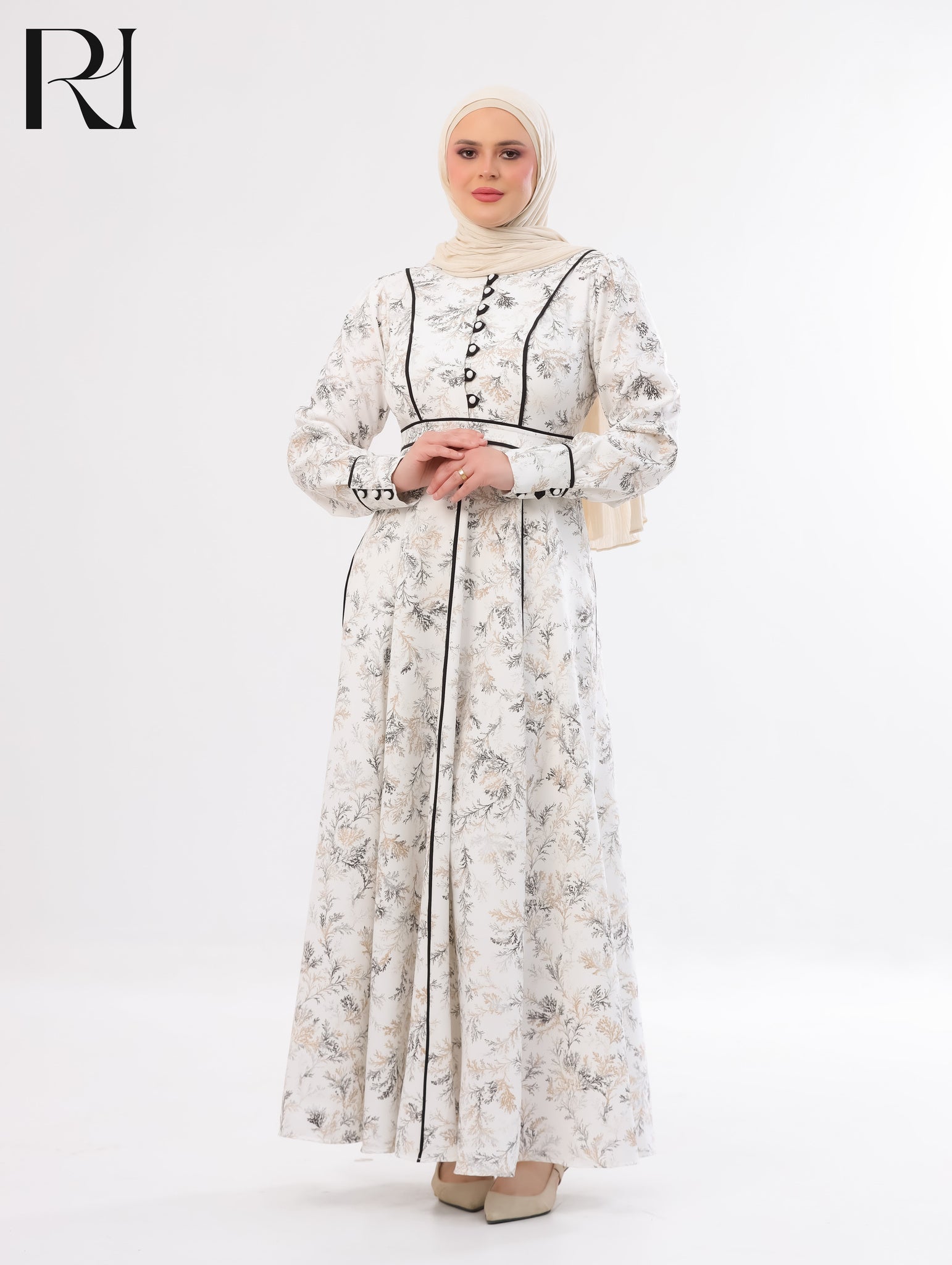 Raneem Botanical Soft Crepe Maxi Dress – Ivory