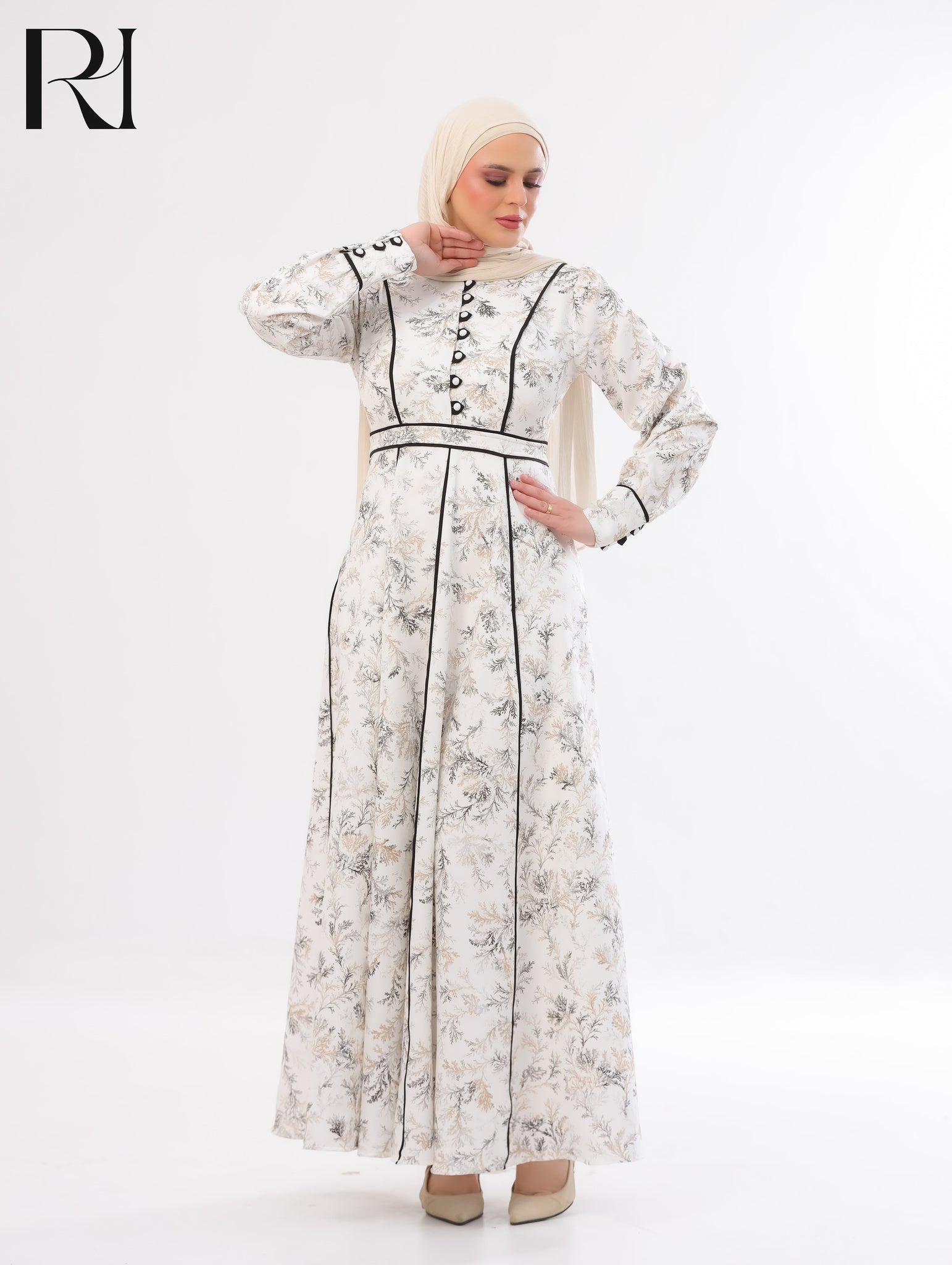 Raneem Botanical Soft Crepe Maxi Dress – Ivory