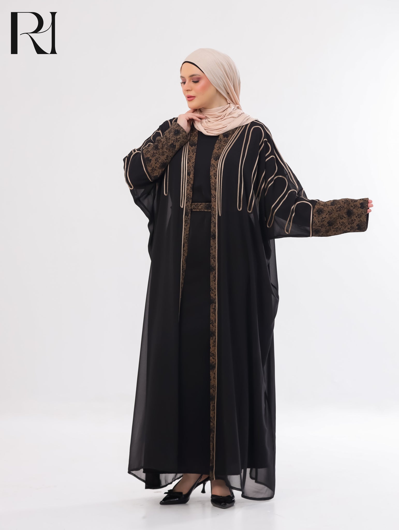 Sabeel Embroidered Chiffon Abaya Set – Black