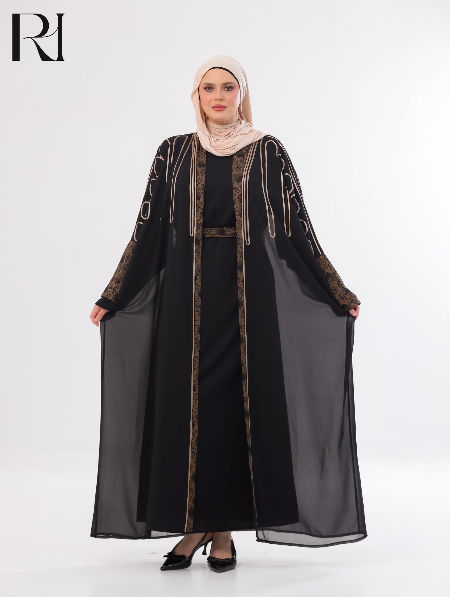 Sabeel Embroidered Chiffon Abaya Set – Black