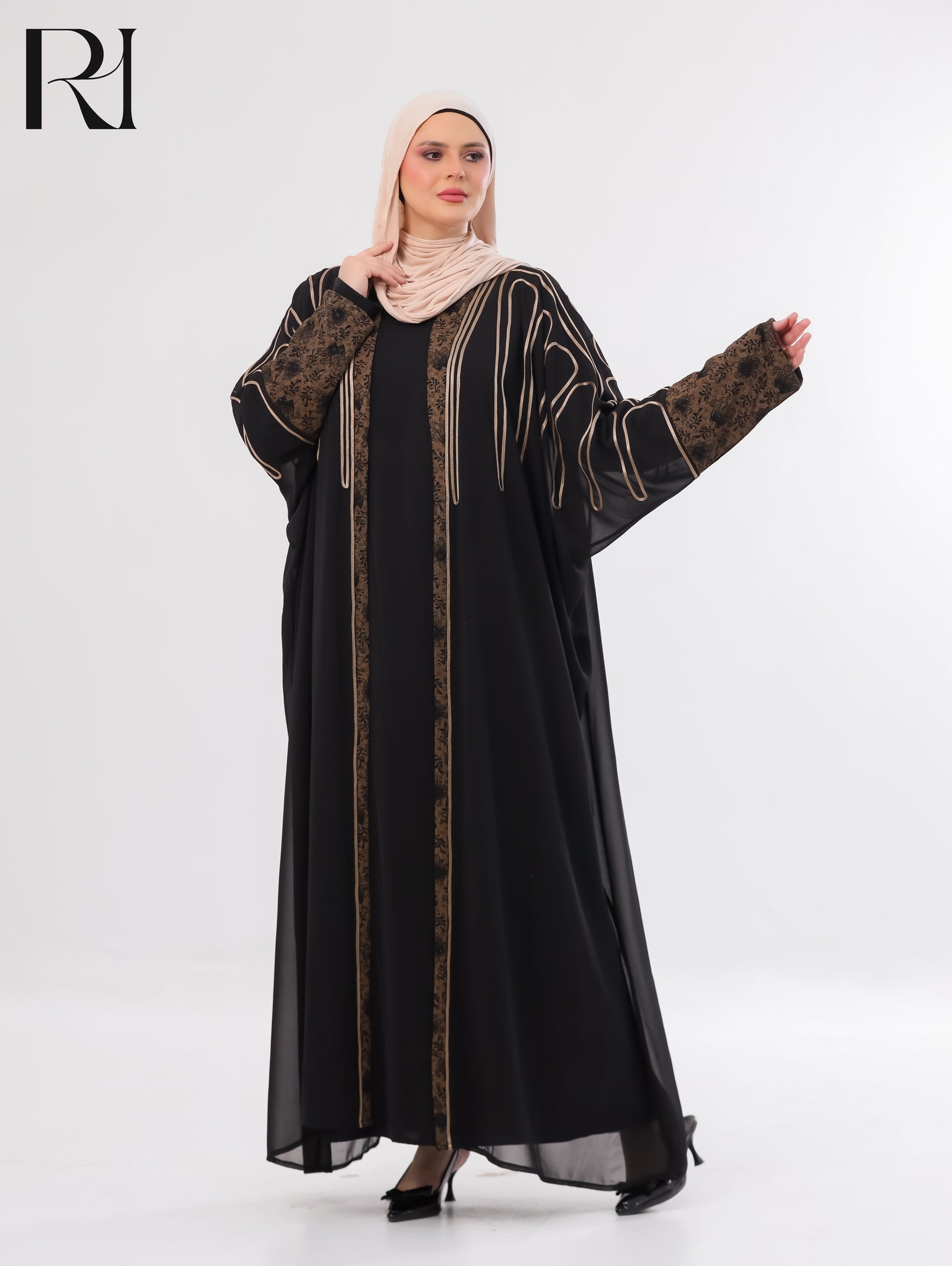 Sabeel Embroidered Chiffon Abaya Set – Black