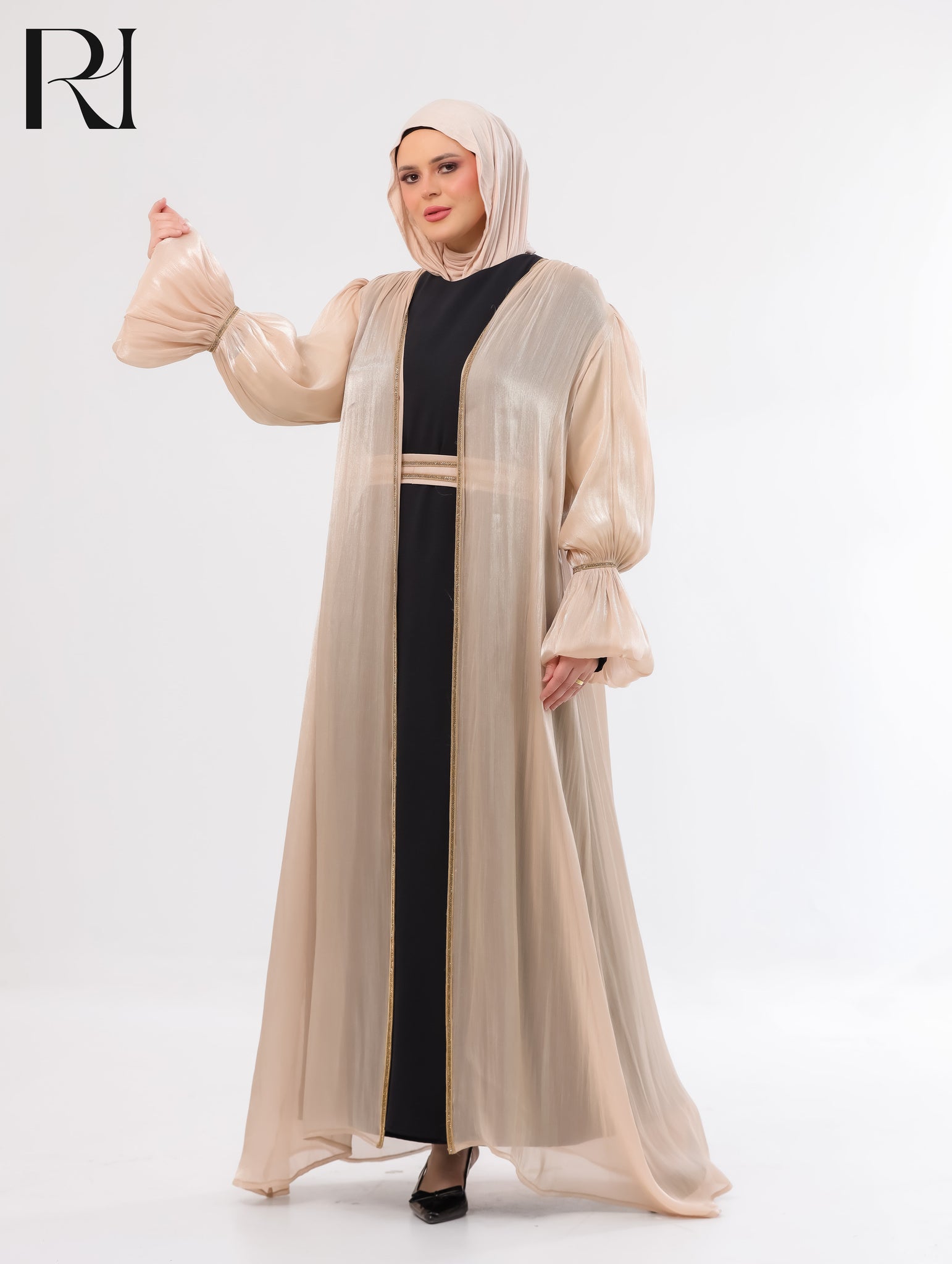 Majda Sheer Organza Abaya Set – Beige & Black