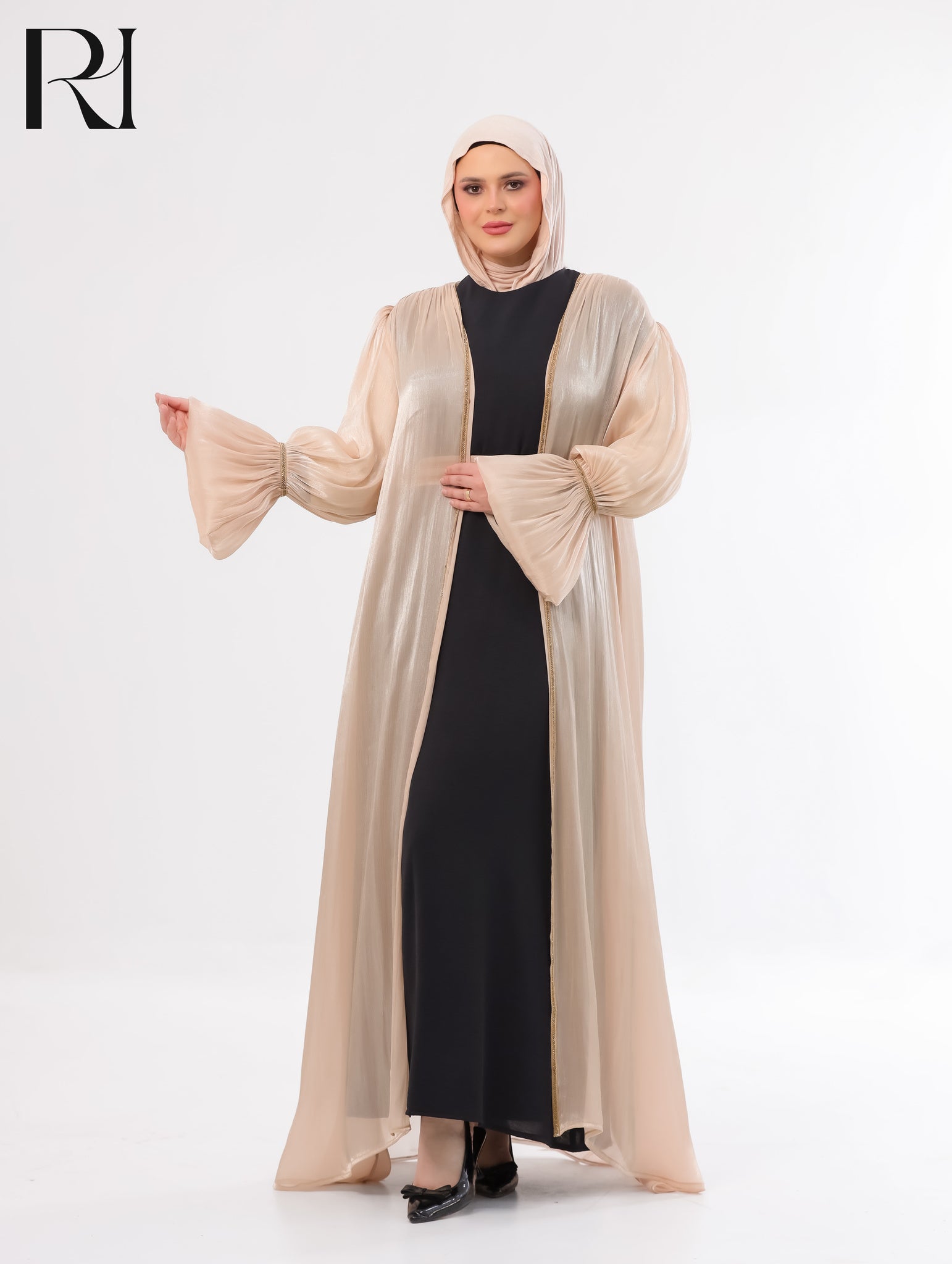 Majda Sheer Organza Abaya Set – Beige & Black