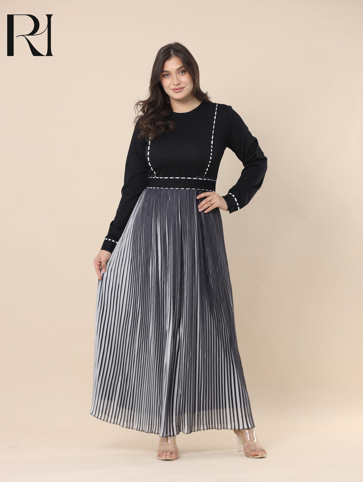 SAHAR TAILORED PLEATED CHIFFON MAXI DRESS - BLACK