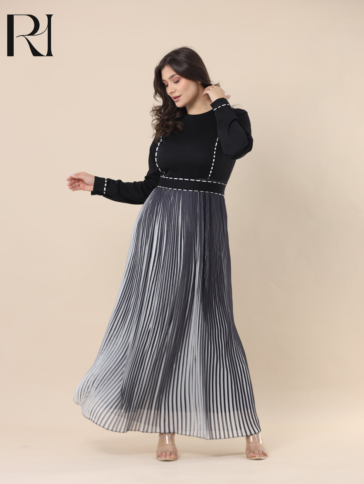 SAHAR TAILORED PLEATED CHIFFON MAXI DRESS - BLACK