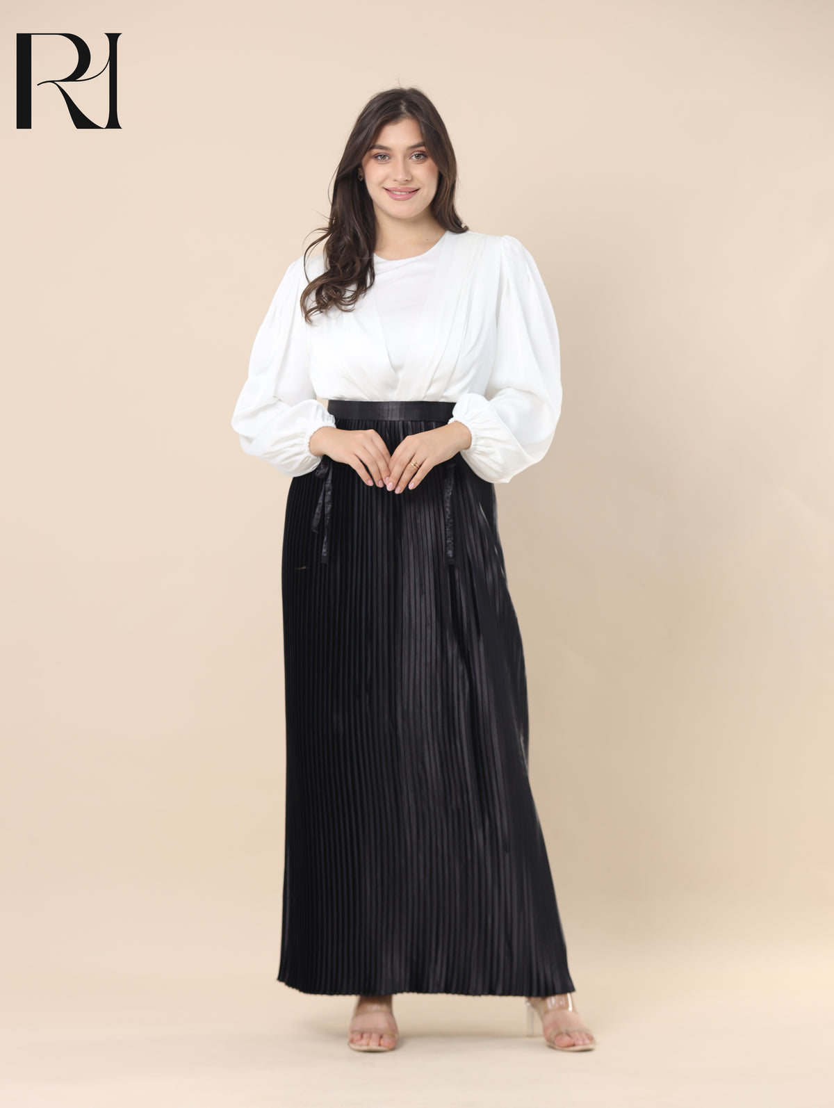 SALMA MONOCHROME SATIN PLEATED MAXI DRESS - IVORY & BLACK