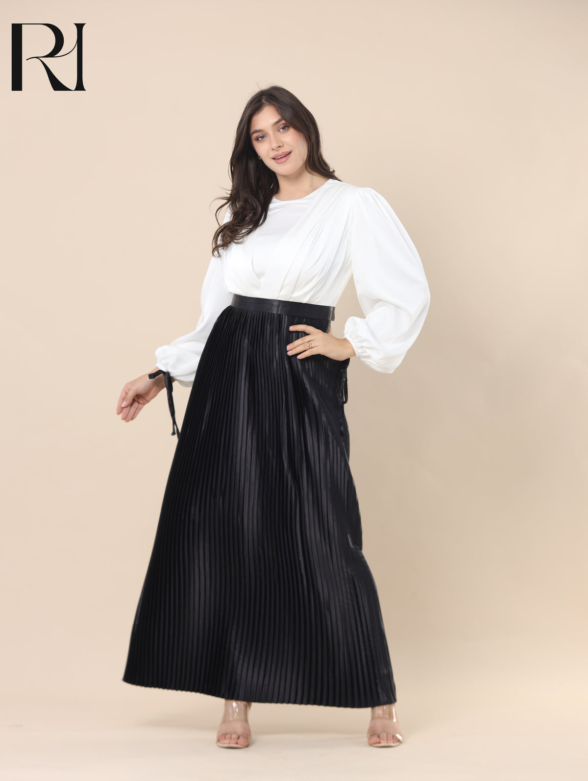 SALMA MONOCHROME SATIN PLEATED MAXI DRESS - IVORY & BLACK