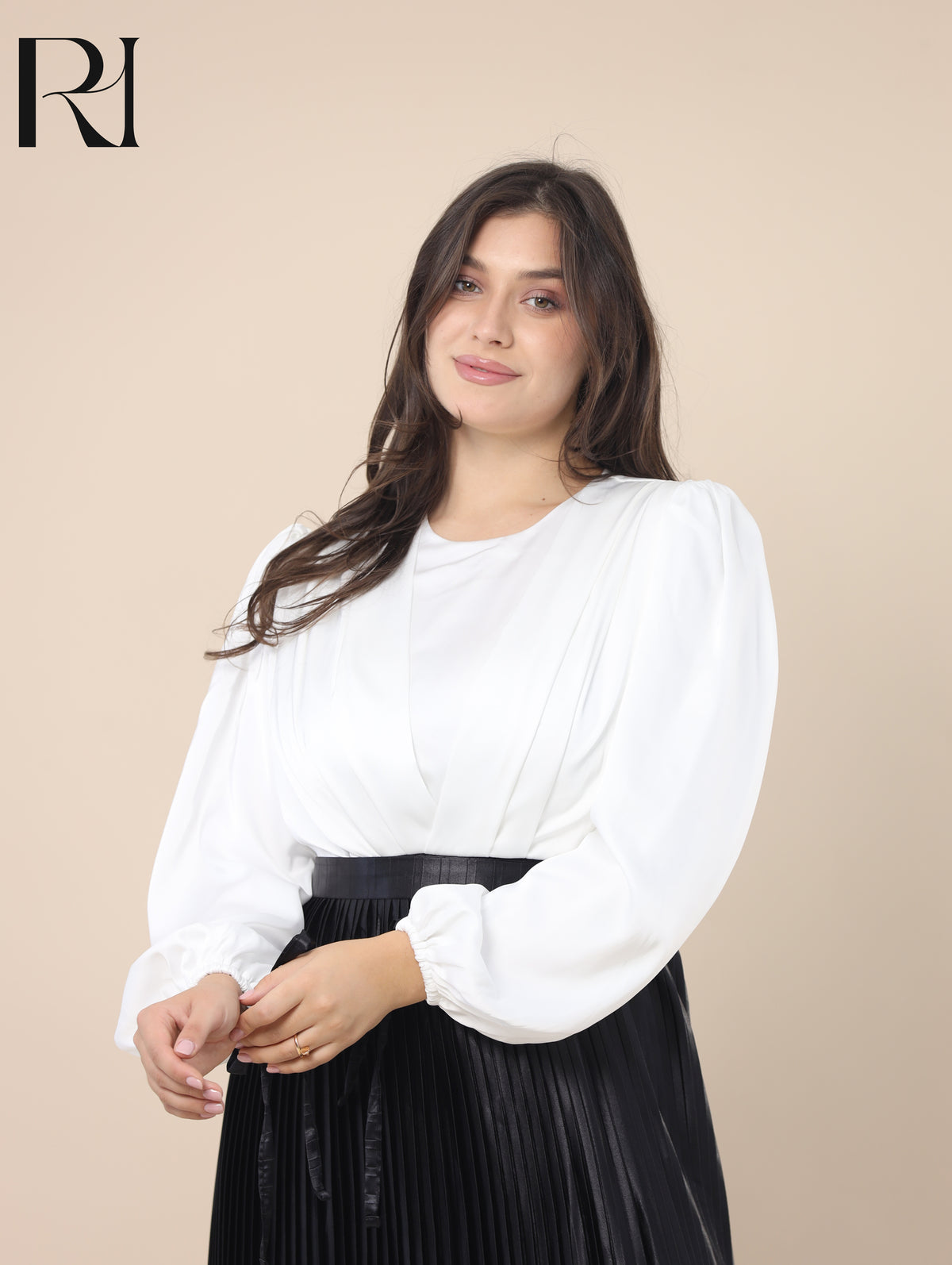 SALMA MONOCHROME SATIN PLEATED MAXI DRESS - IVORY & BLACK