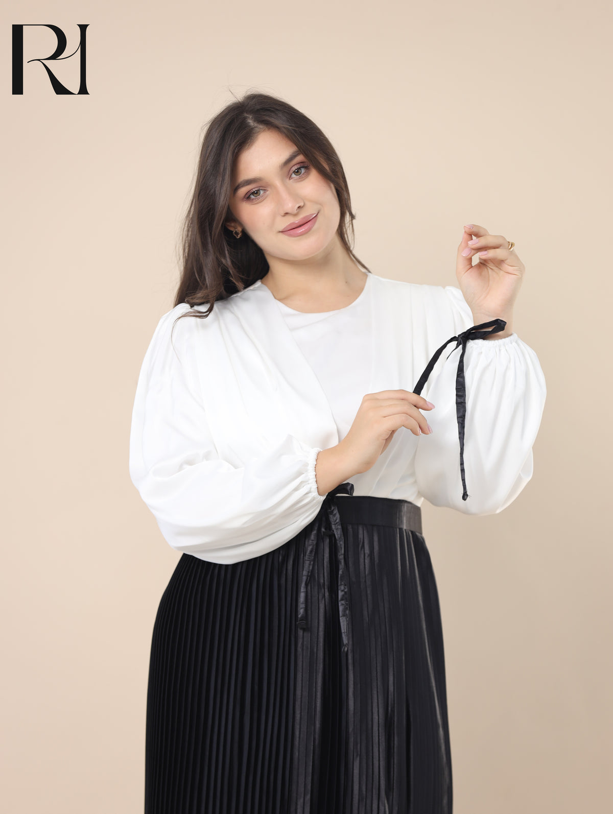 SALMA MONOCHROME SATIN PLEATED MAXI DRESS - IVORY & BLACK