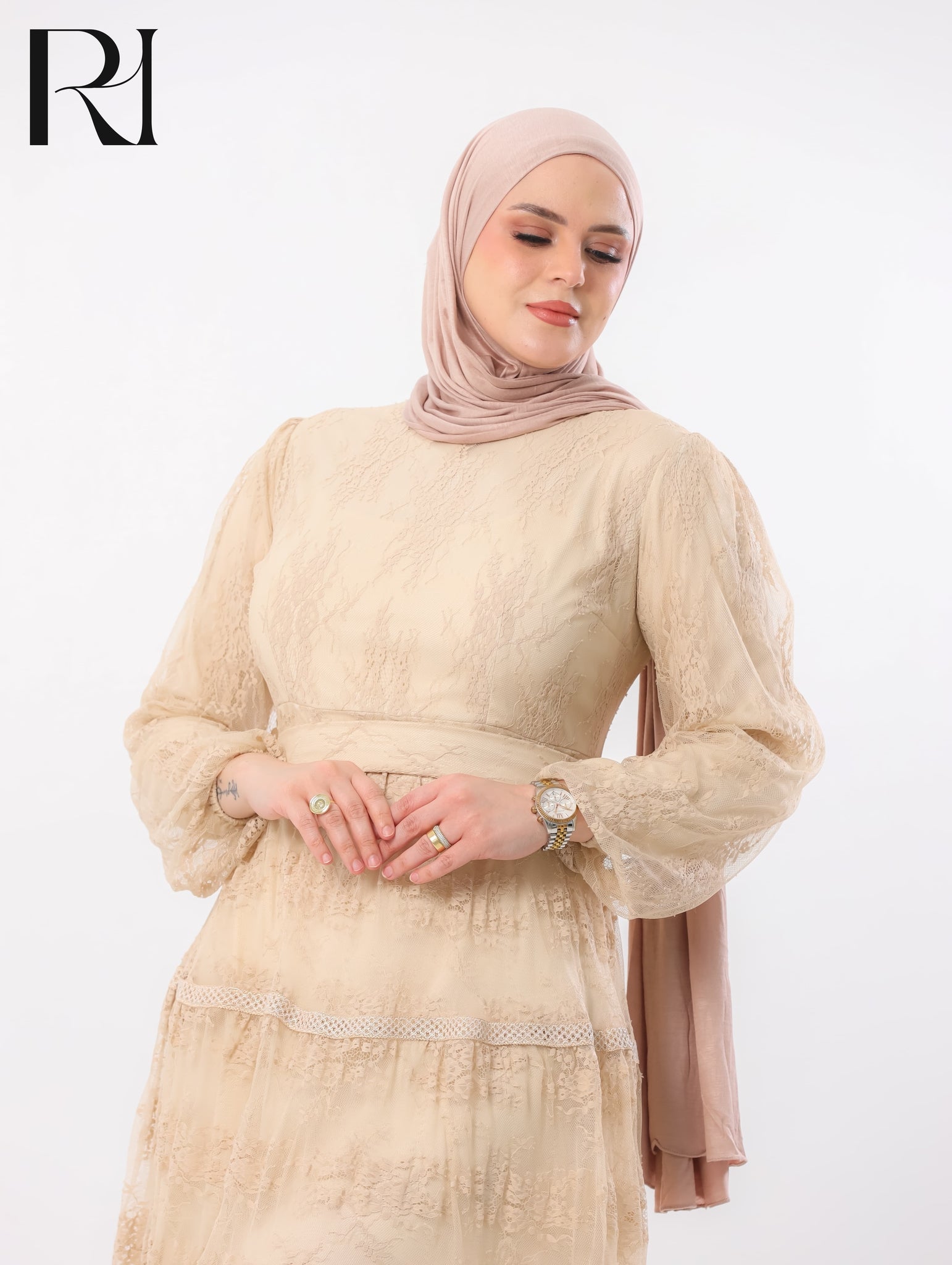 Layan Dantel Lace Tiered Maxi Dress – Almond Beige