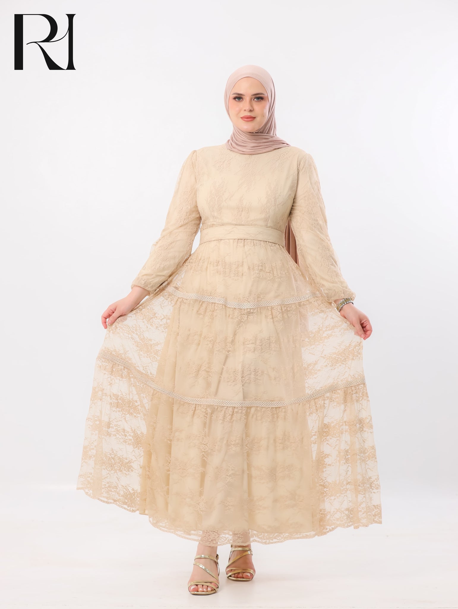 Layan Dantel Lace Tiered Maxi Dress – Almond Beige Beige / US 10