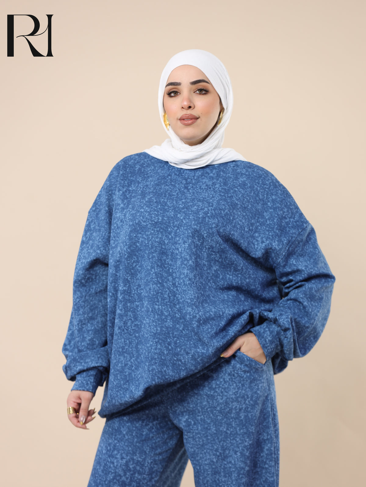 YARA WASHED RIBBED FLEECE-LINED TWO PIECE SET - BLUE