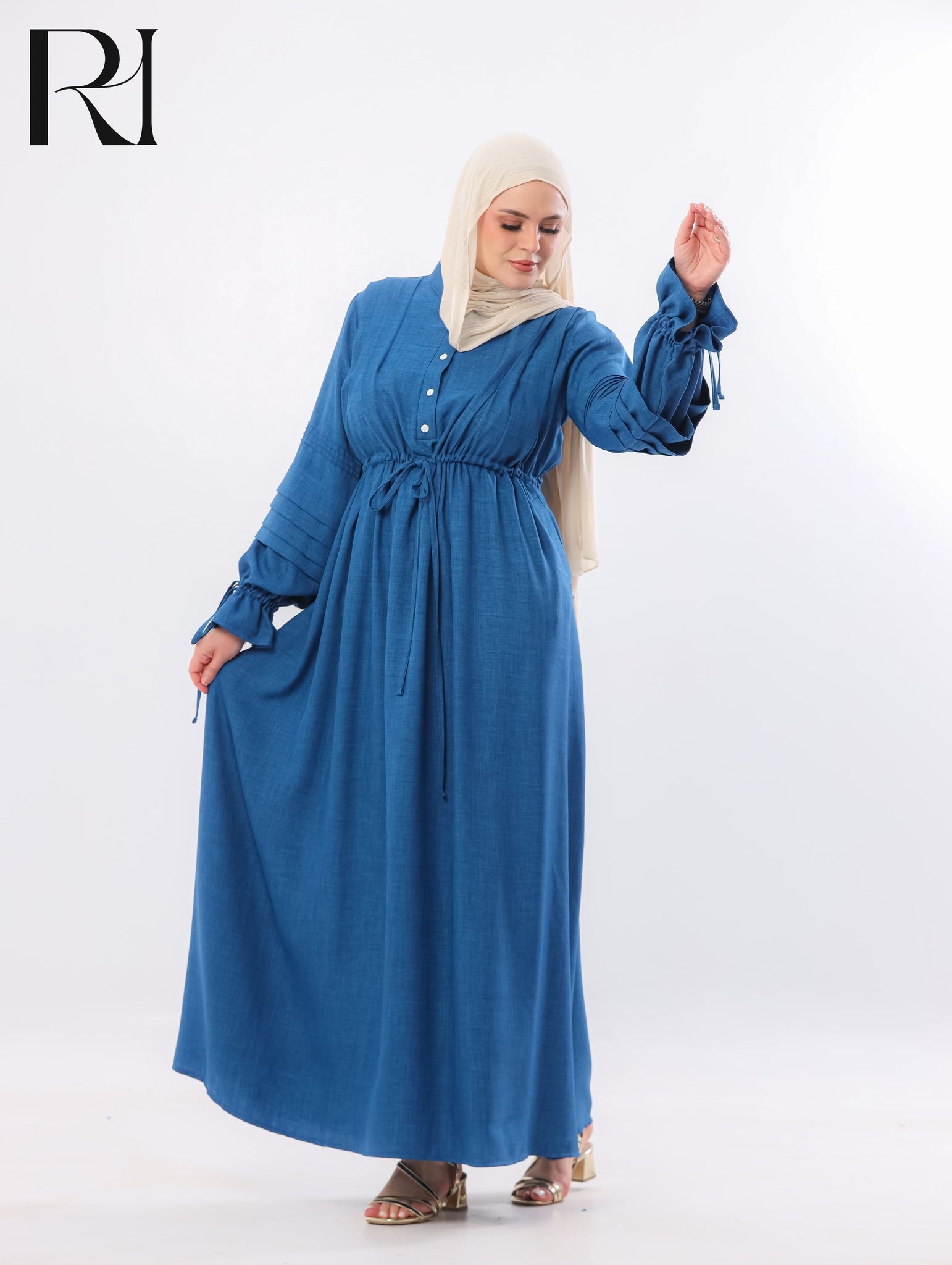 Rima Pintuck Linen-Blend Maxi Dress – Denim Blue