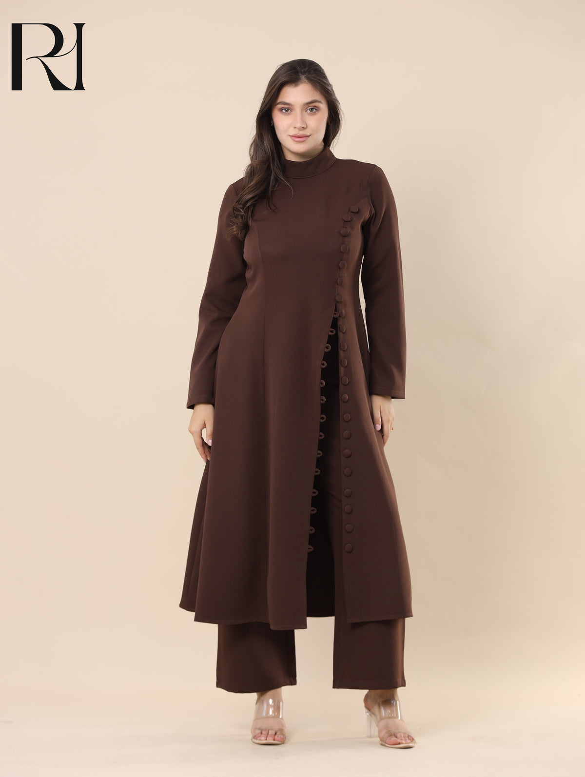 NUHA TAILORED SMOOTH CREPE TUNIC & PANTS SET - CHOCOLATE BROWN