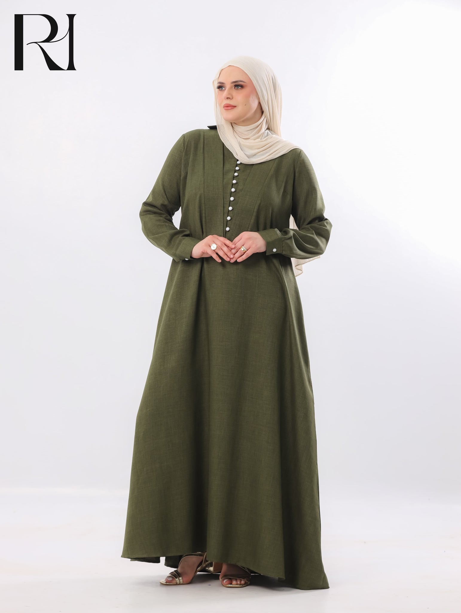 Rania Pearl Button Linen-Blend Maxi Dress – Olive Green