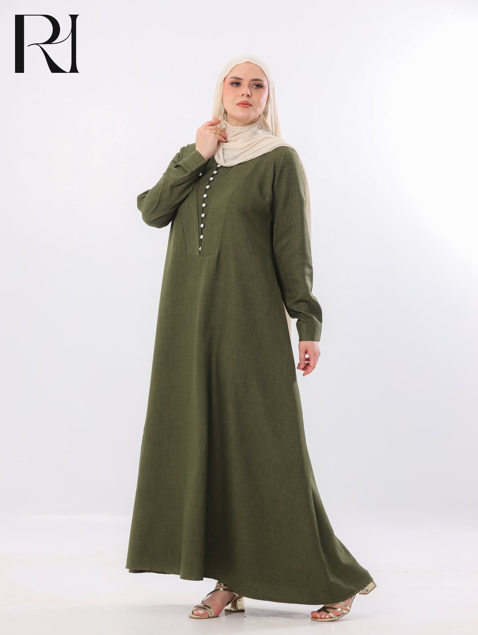 Rania Pearl Button Linen-Blend Maxi Dress – Olive Green